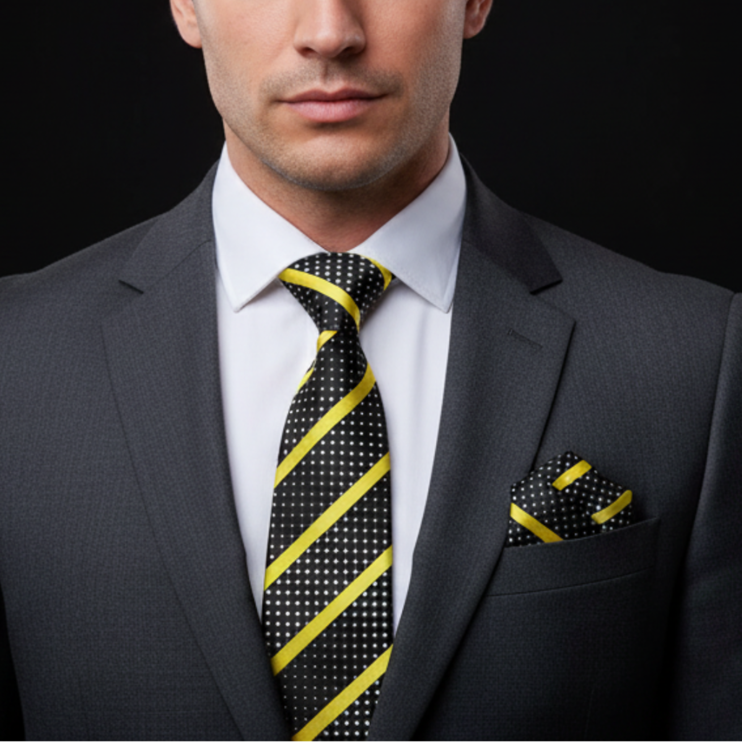 Man wearing a dark suit with a yellow striped tie on a black background