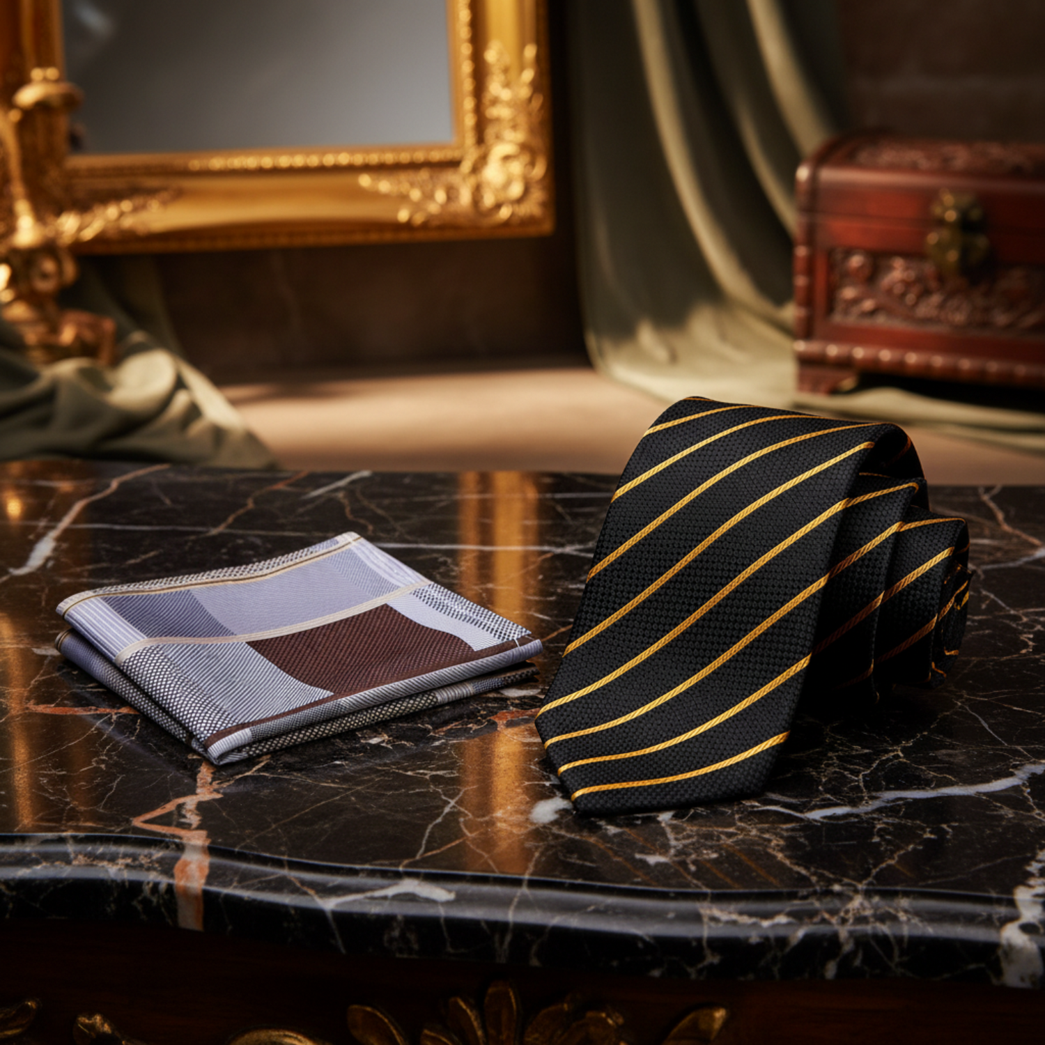 Alt View: Black, Gold Stripe Necktie and Accenting Square