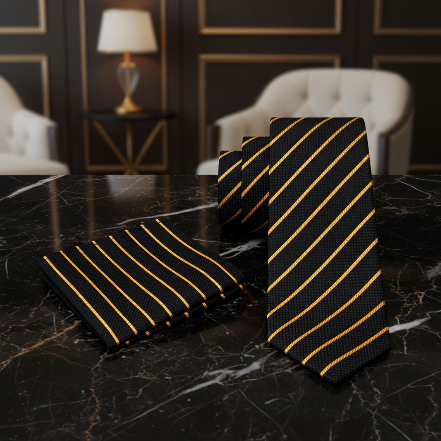 Alt View: Black, Gold Stripe Necktie and Matching Square