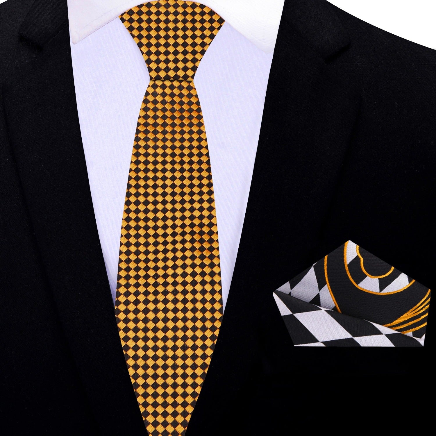 Thin Tie: Gold & Black Small Diamonds Necktie and White, Black, Gold Pocket Square