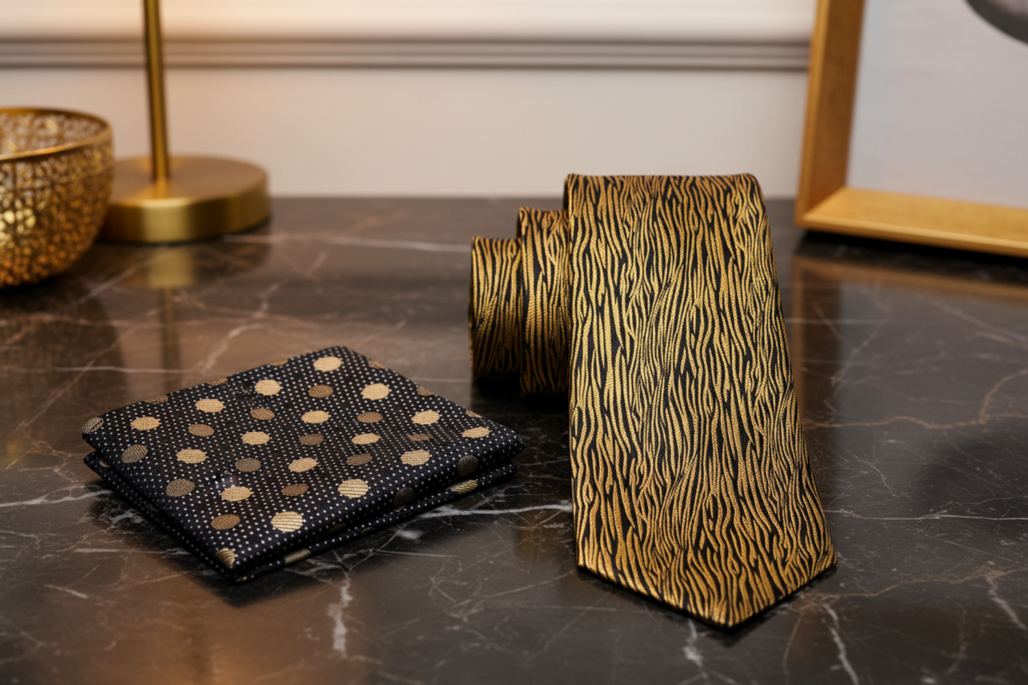 Alt View: Black and Gold Zebra Tie and Accenting Black Gold Polka Pocket Square