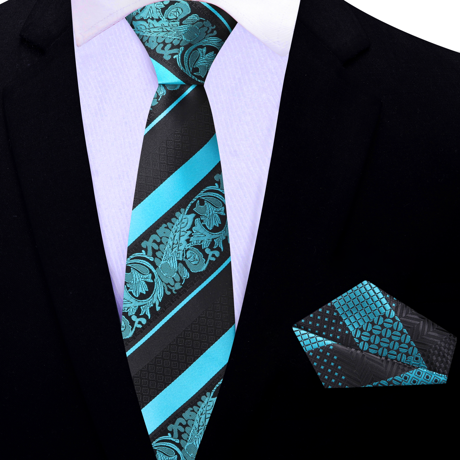 Thin Black and Light Blue Paisley and Stripe Tie and Accenting Square