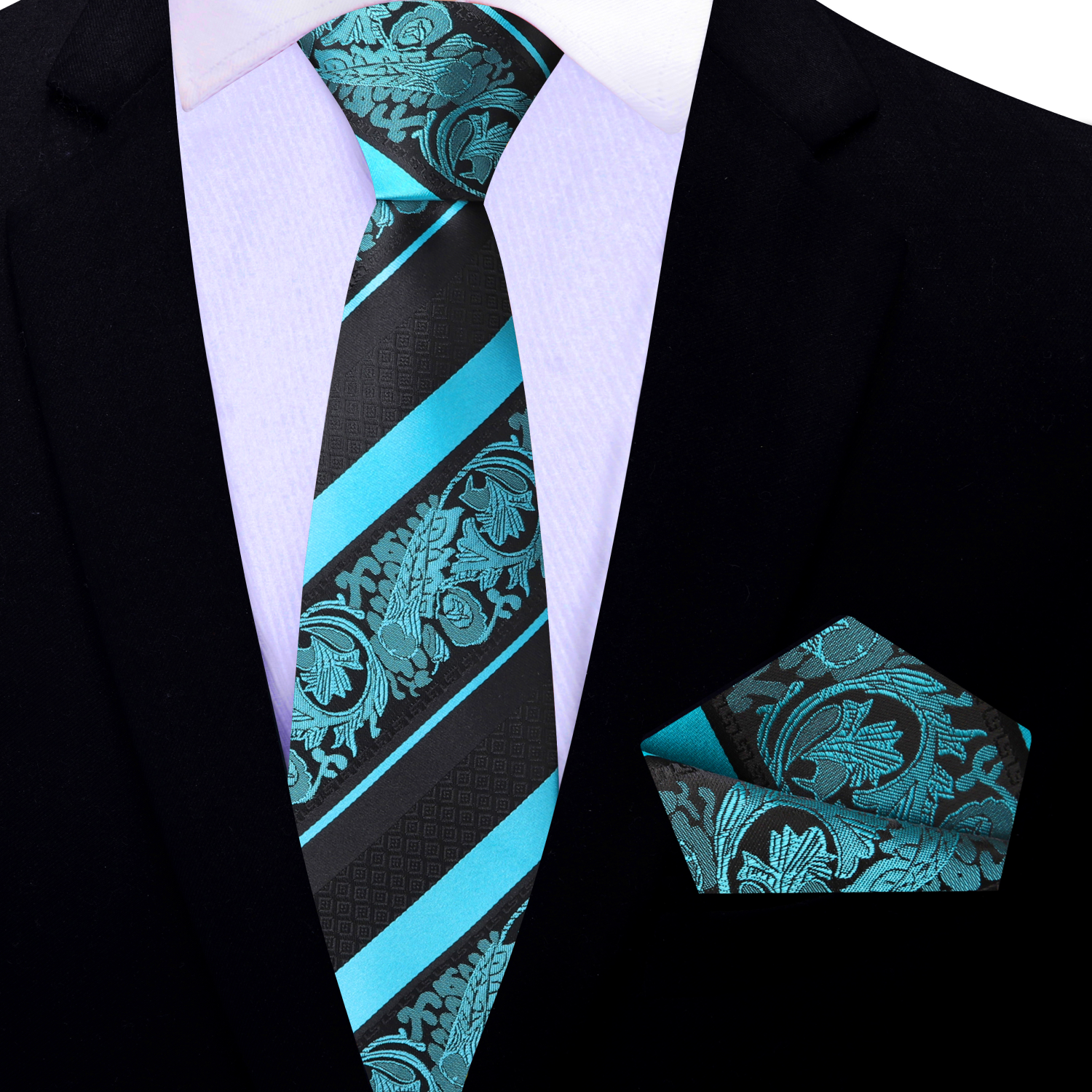 Thin Black and Light Blue Paisley and Stripe Tie and Square