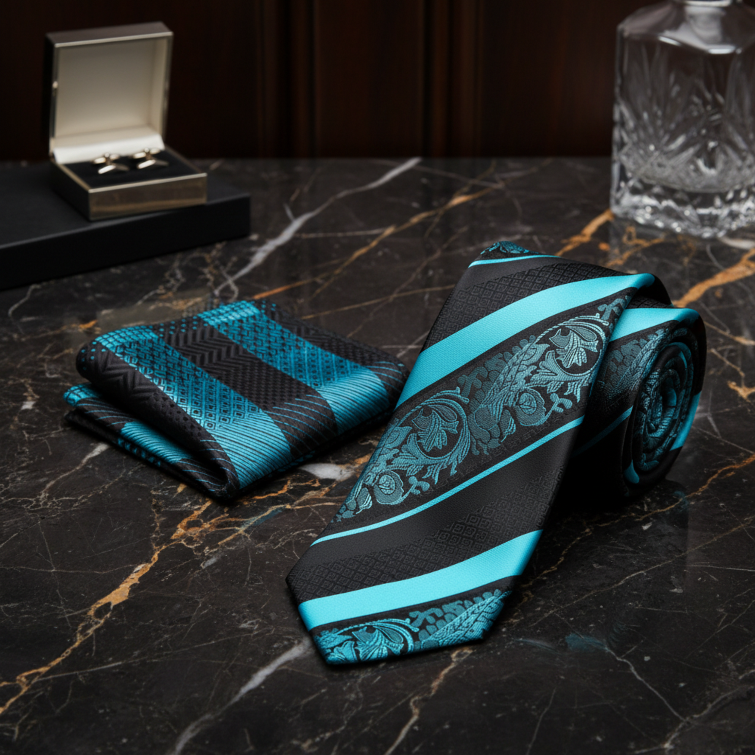 Alt Black and Light Blue Paisley and Stripe Tie and Accenting Square
