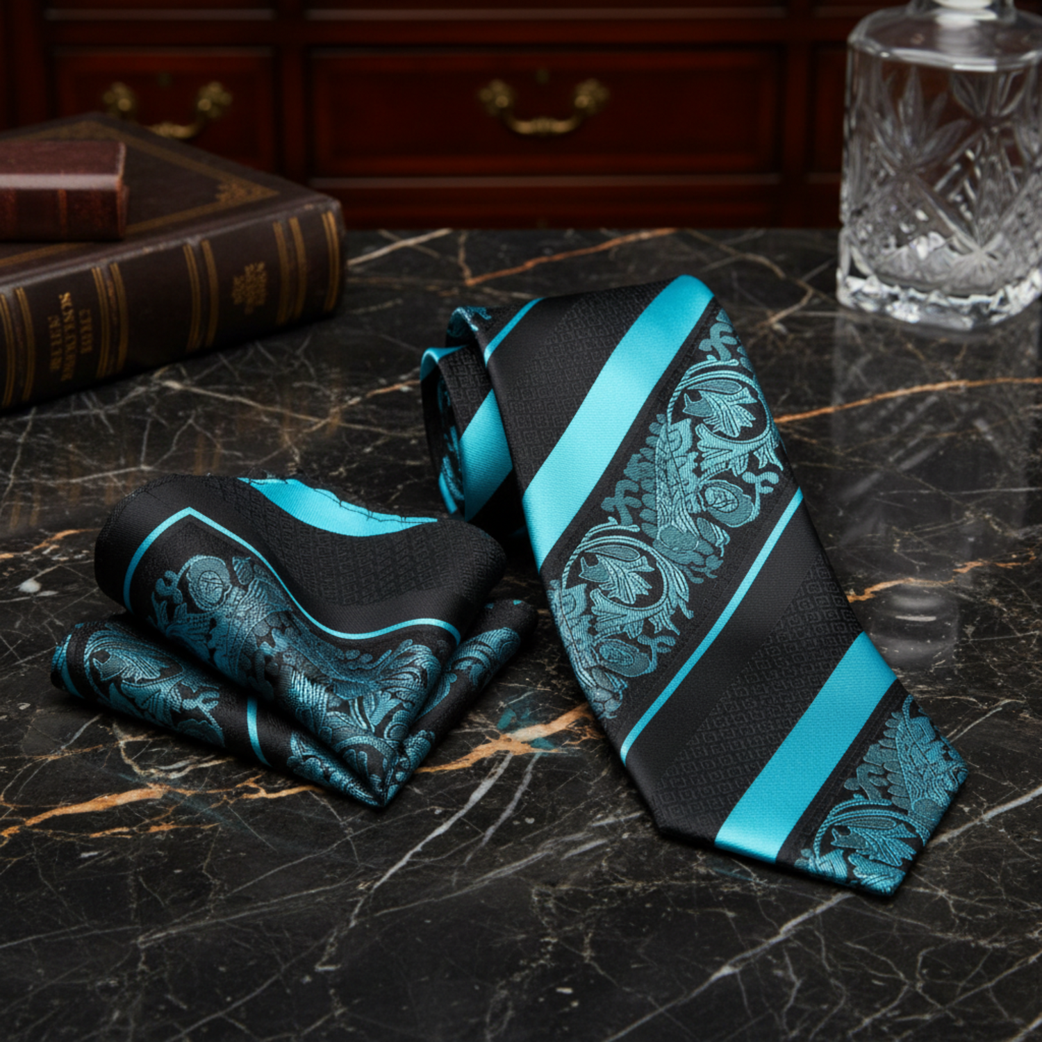 alt Black and Light Blue Paisley and Stripe Tie and Square