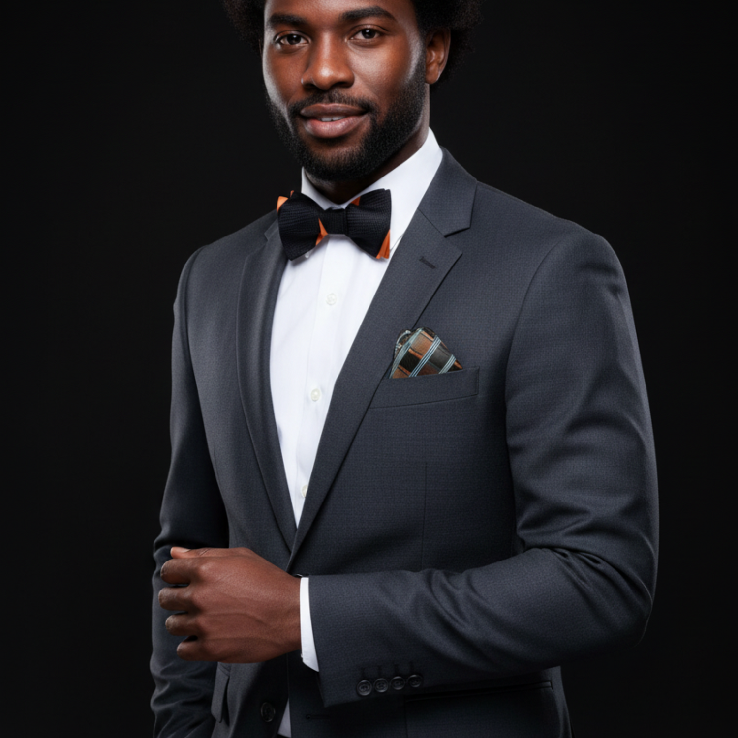 Black, Orange Stripe Bow Tie and Accenting Pocket Square