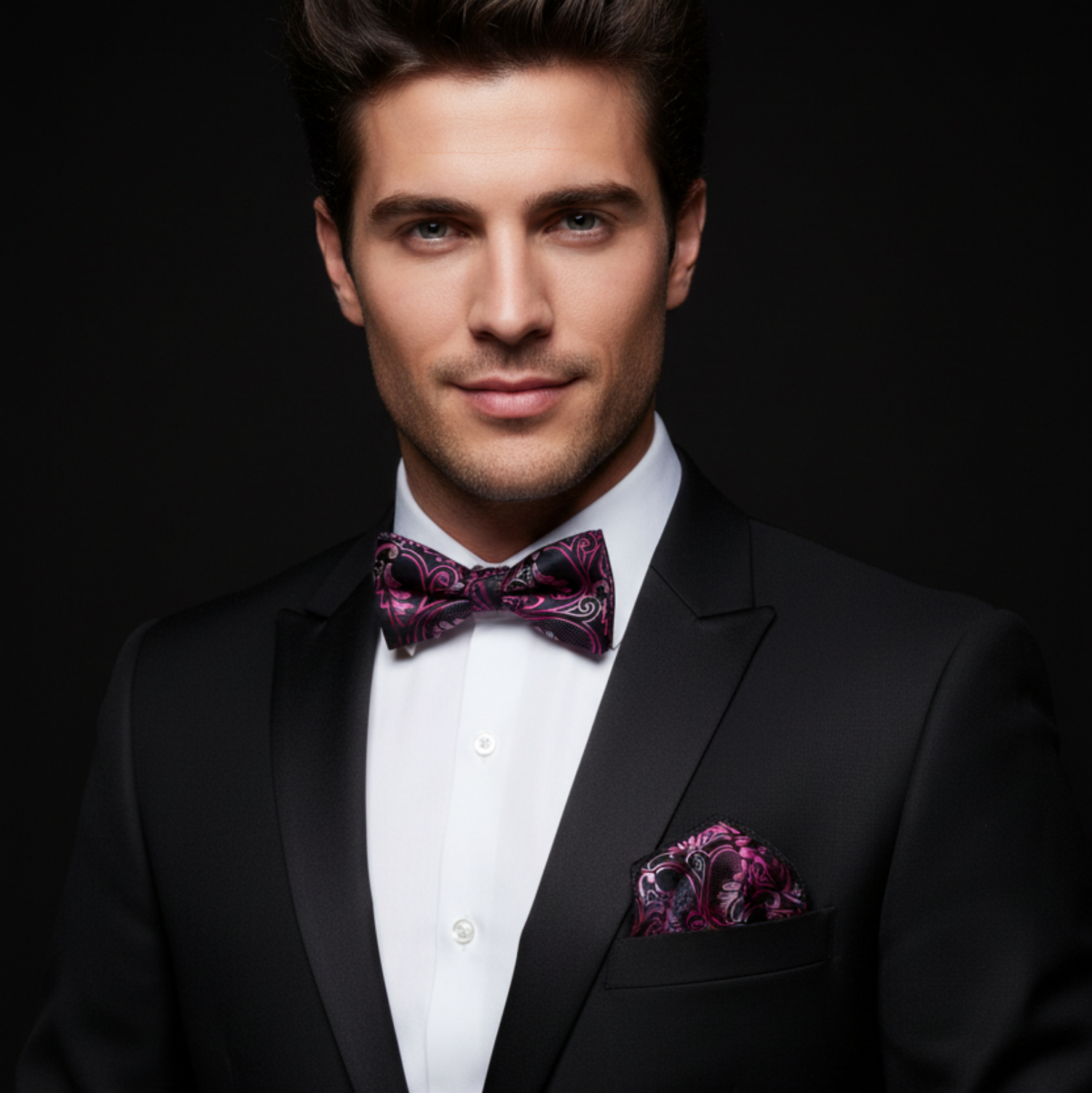 Man wearing a black suit with a purple bow tie and pocket square on a dark background