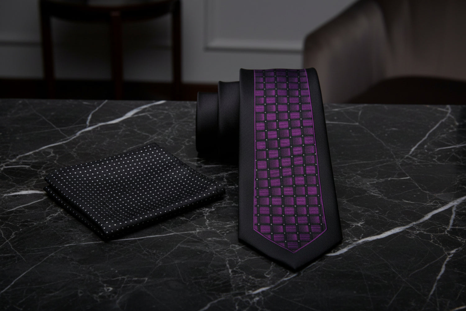 Alt View: Black, Purple Geometric Necktie and Accenting Black Square