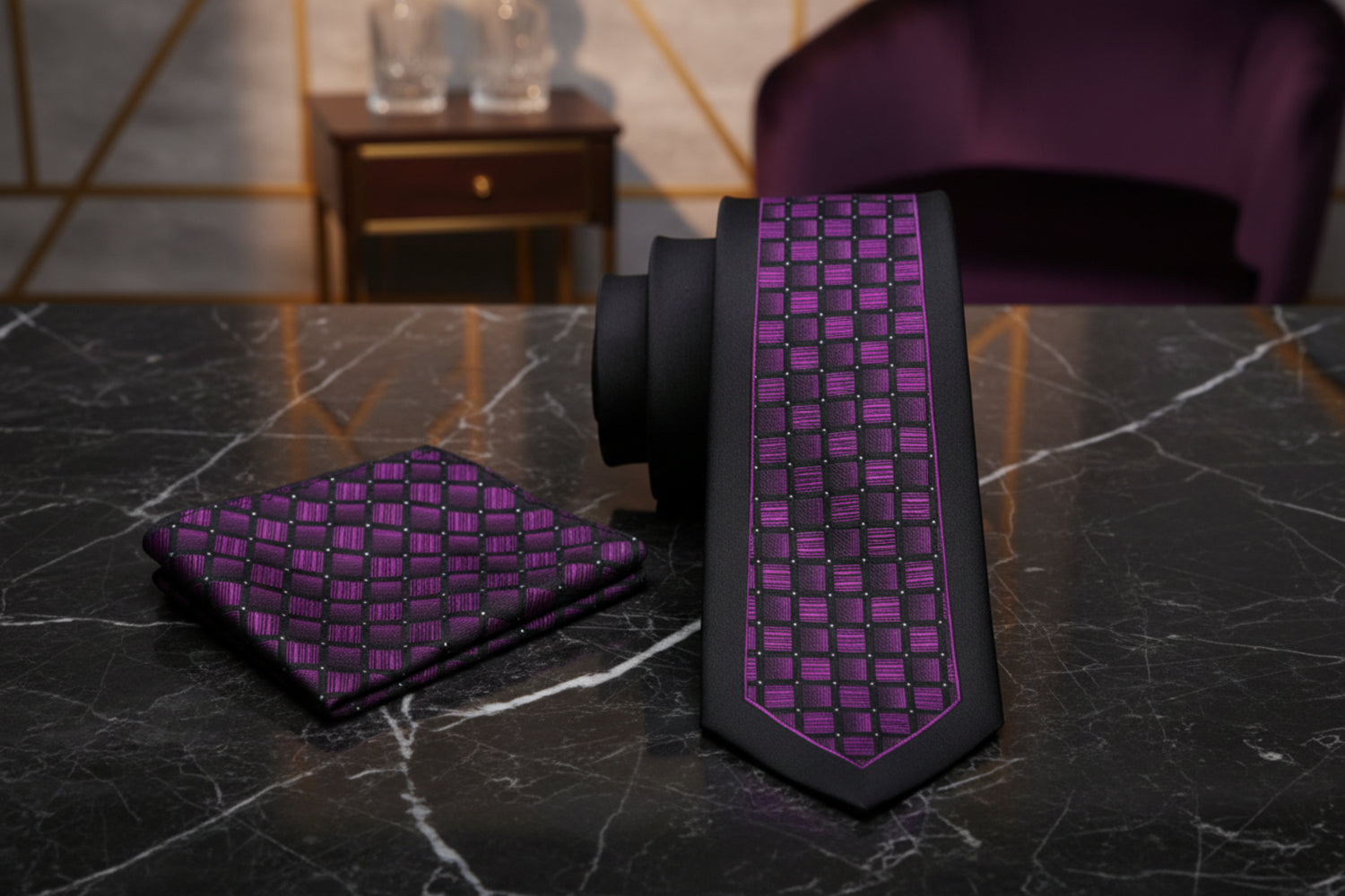 Alt View: View 2: Black, Purple Geometric Necktie and Square