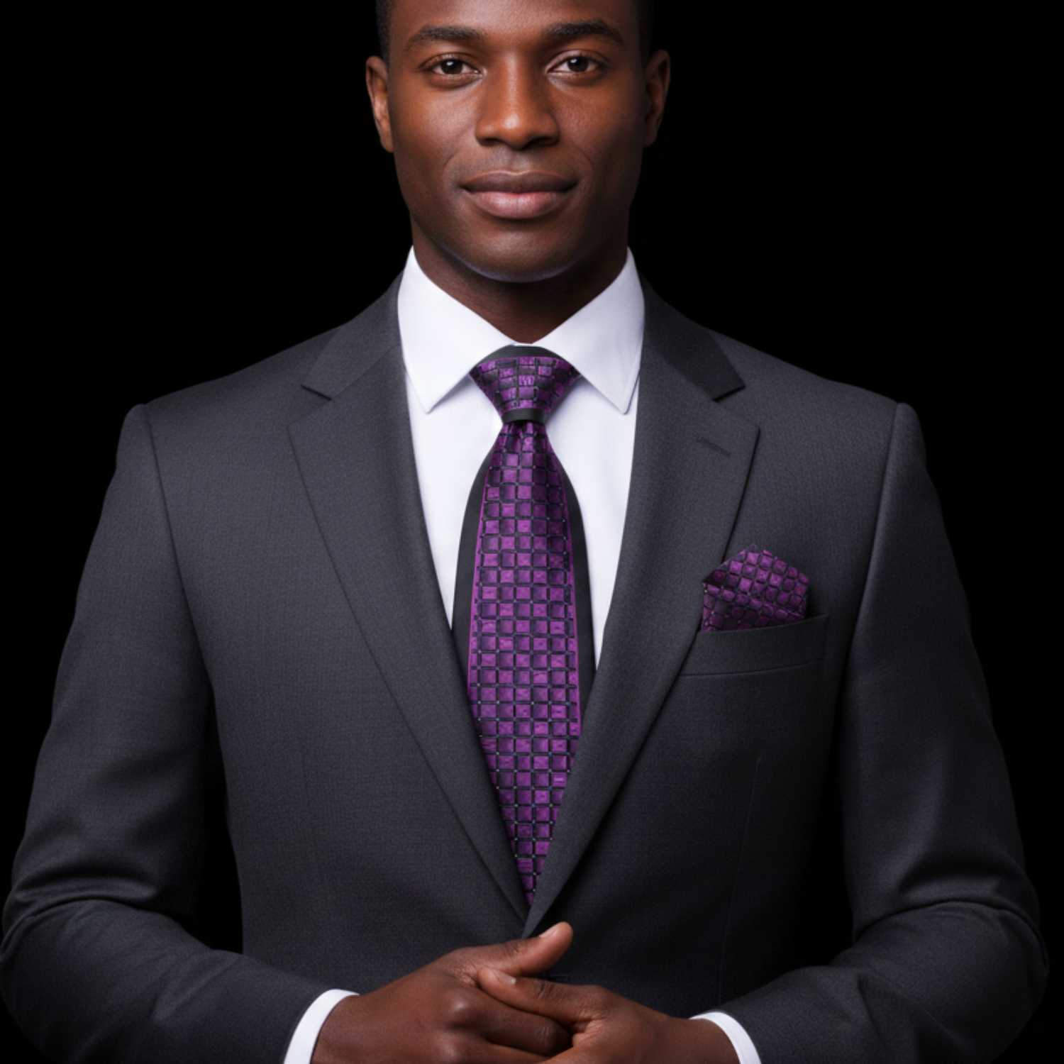 Man wearing a dark suit with a purple tie and pocket square on a black background