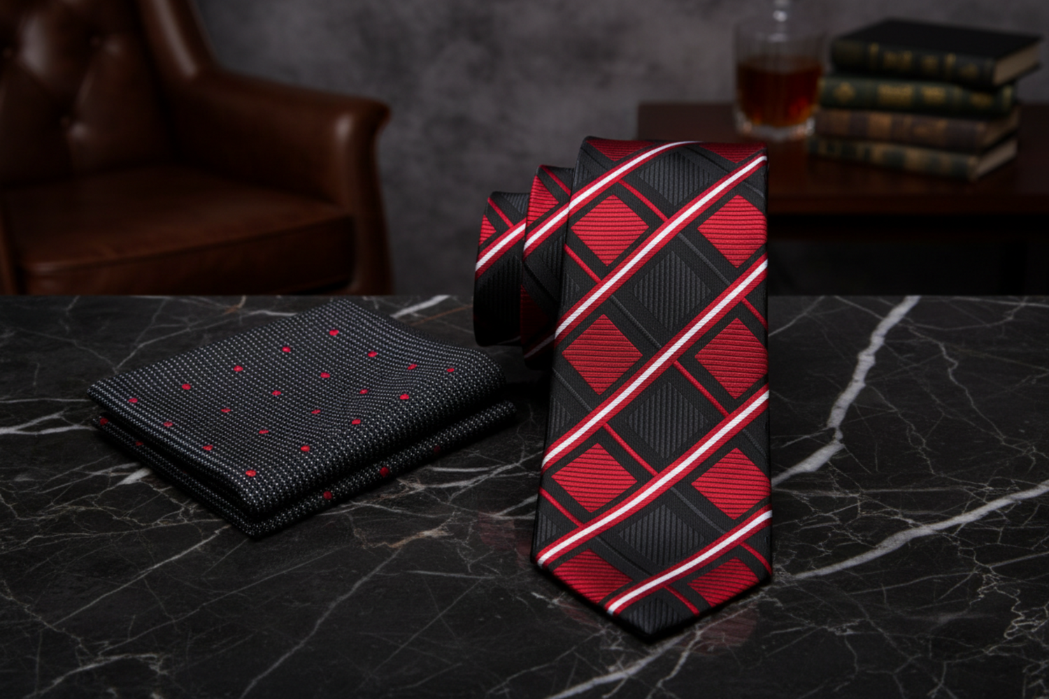 Alt Red and Black Geometric Necktie and Accenting Polka Square
