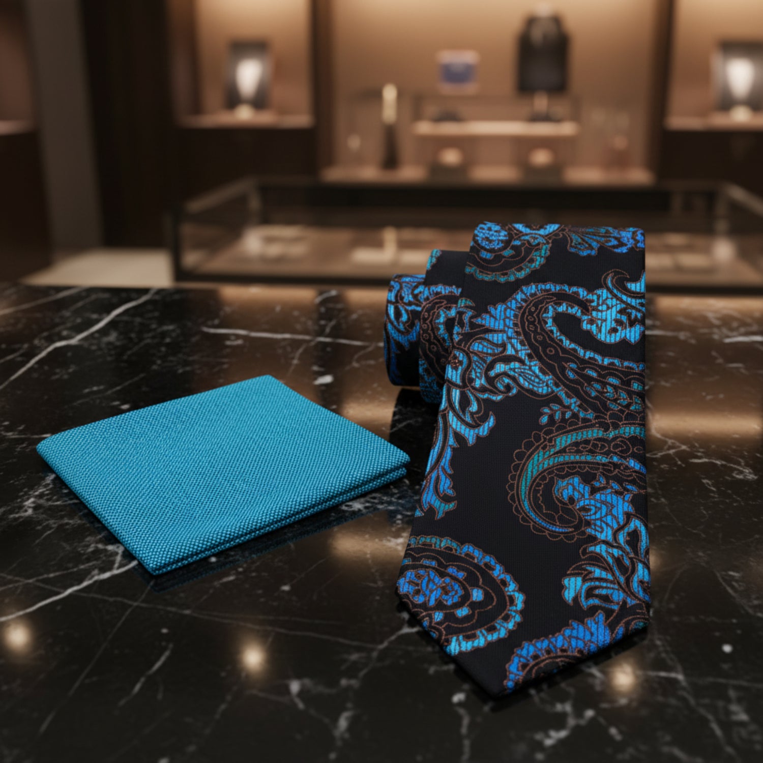 Black paisley tie with blue pattern and teal pocket square 