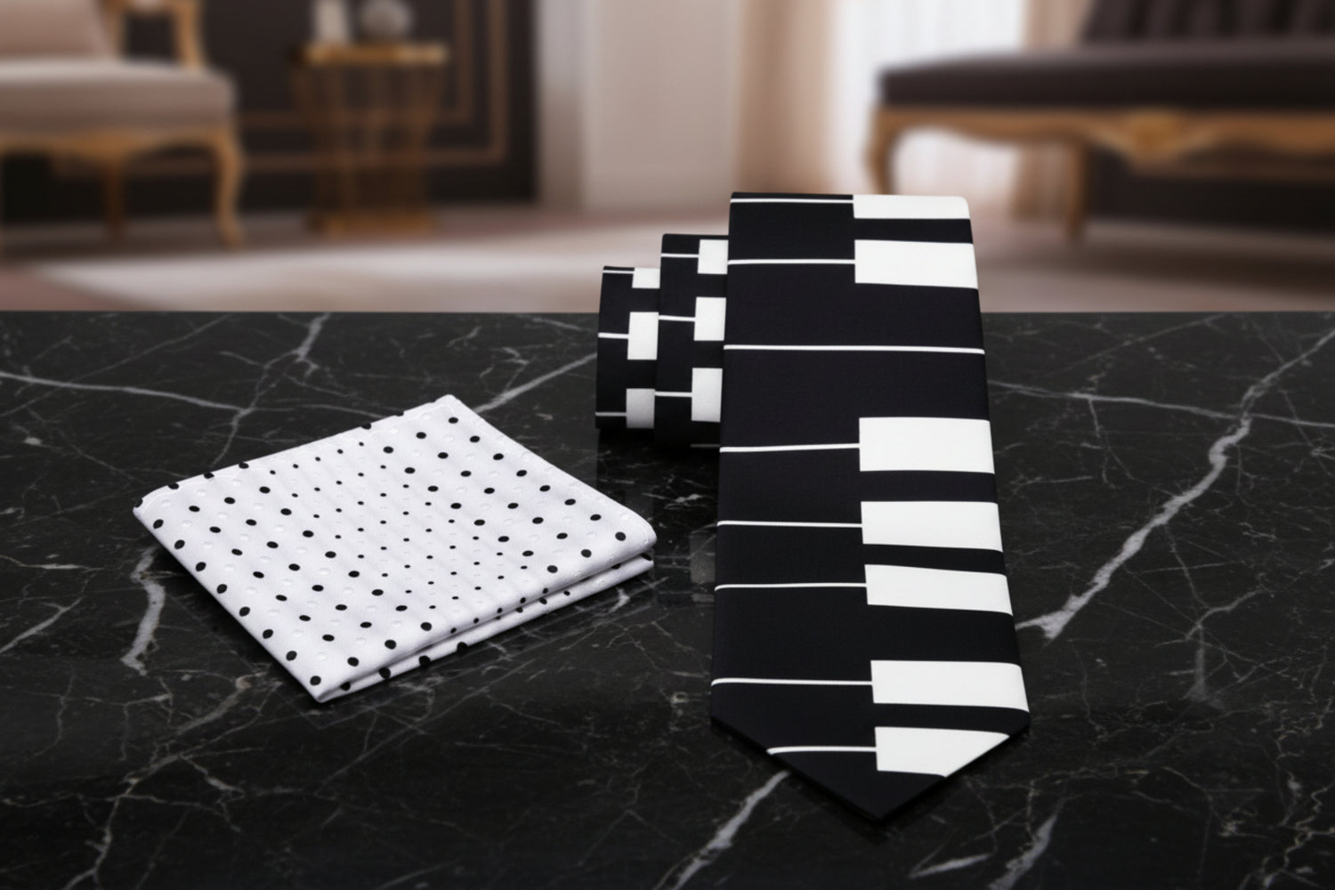 Alt View: Black, White Piano Keys Necktie and White, Black Polka Square