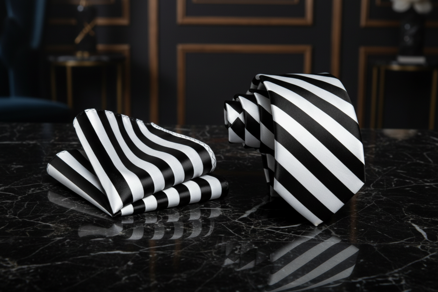 Black and white striped tie and handkerchief