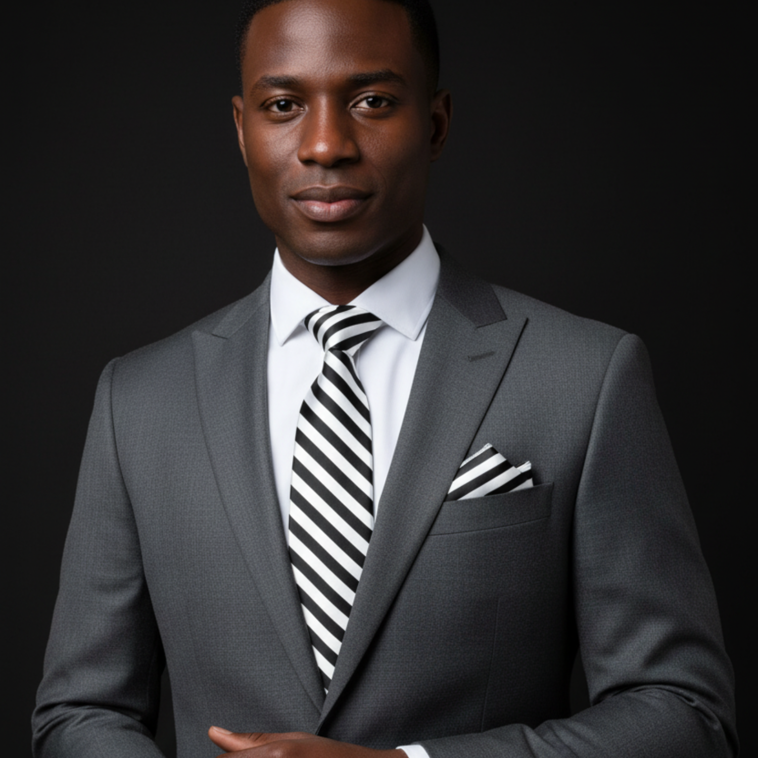 Man wearing a gray suit with a striped tie on a black background