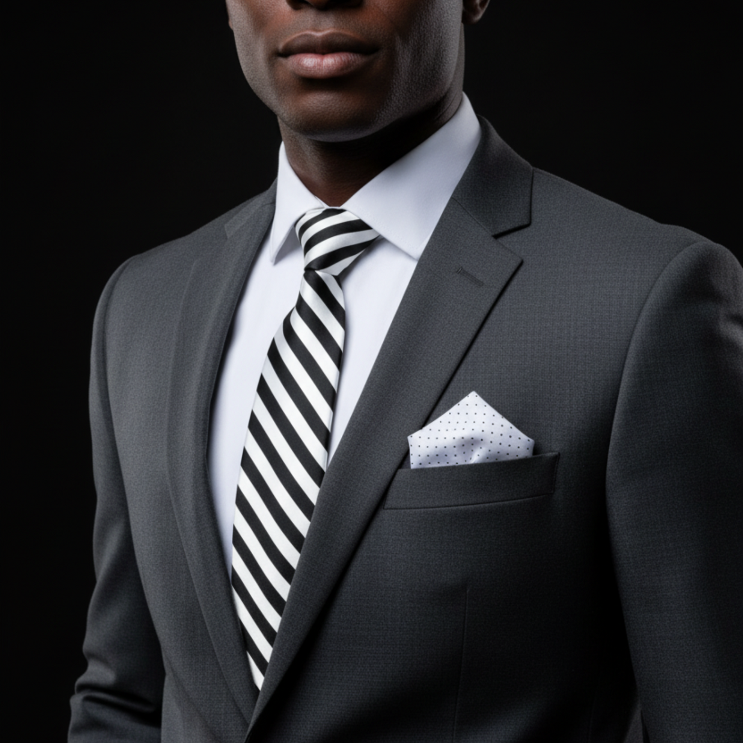 Man wearing a gray suit with a striped tie and white accenting pocket square on a black background