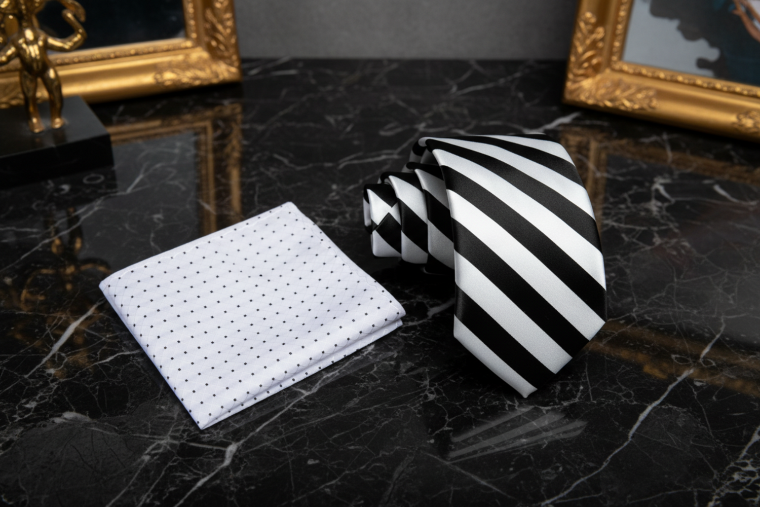 White square with black polka dots and a black and white striped tie on a dark marble surface.