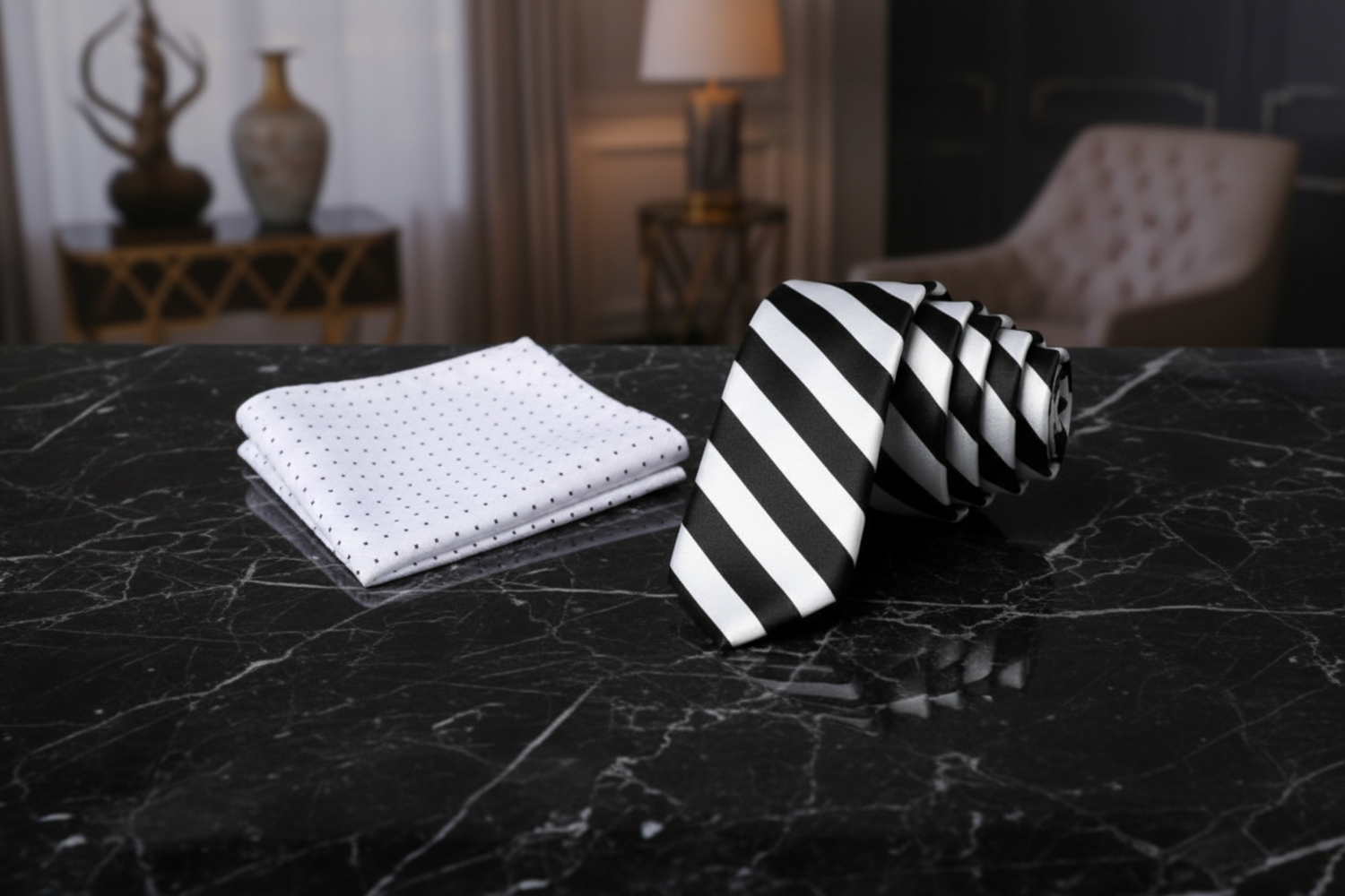 Black and white patterned thin tie and  accenting pocket square on a dark marble surface with a blurred room background.