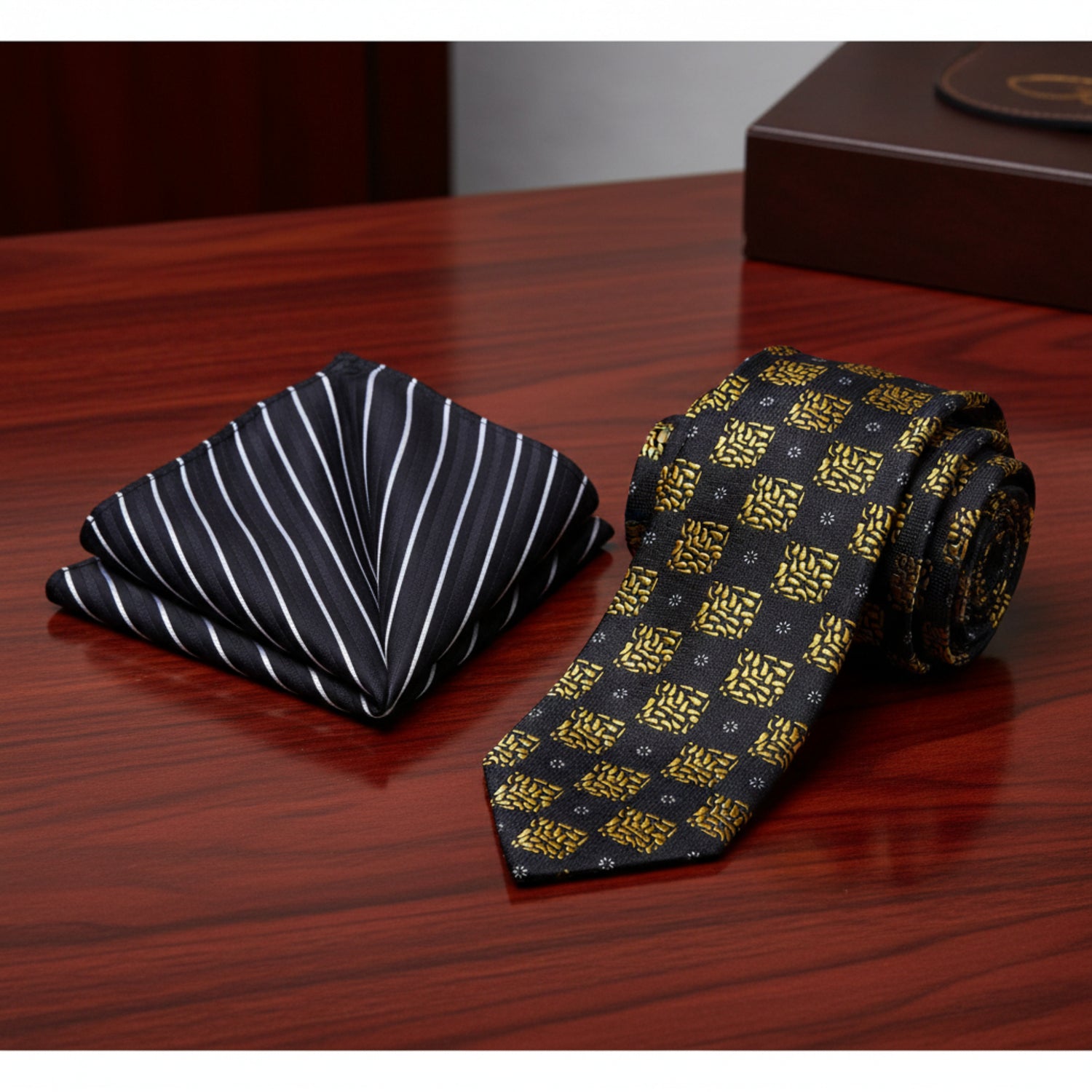 Alt View: Black, Yellow Gold Geometric Necktie with Black, White Stripe Square
