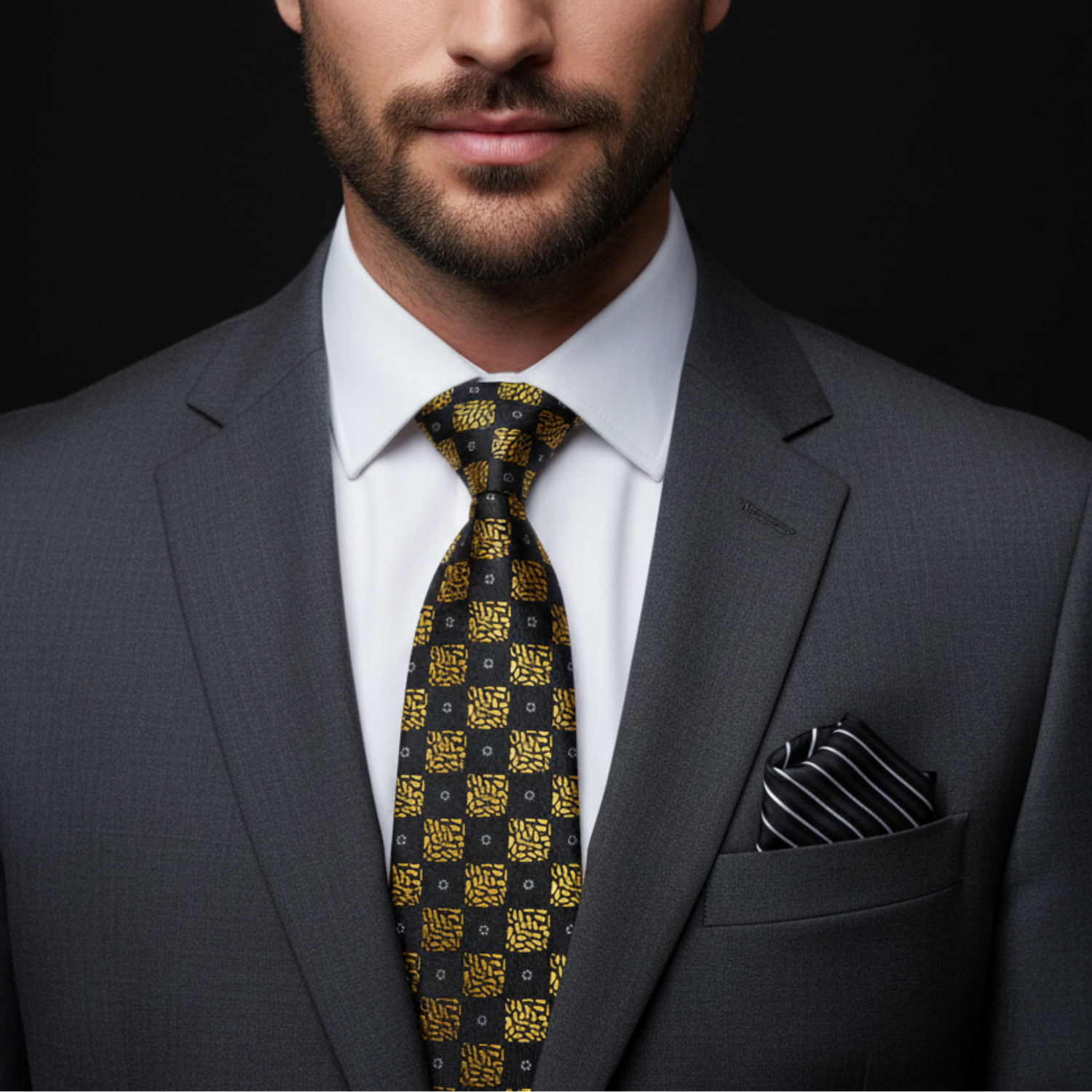 Man wearing a gray suit with a patterned tie and striped pocket square on a black background