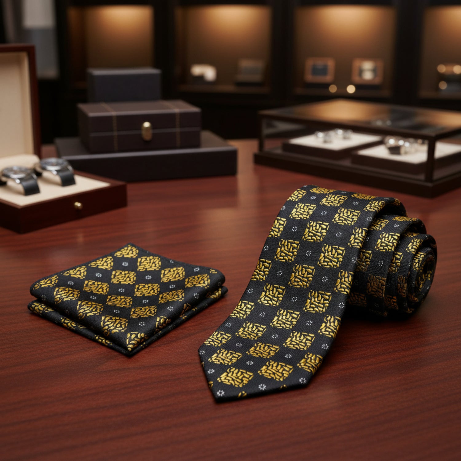 Alt View: Black, Yellow Gold Geometric Necktie  and Square