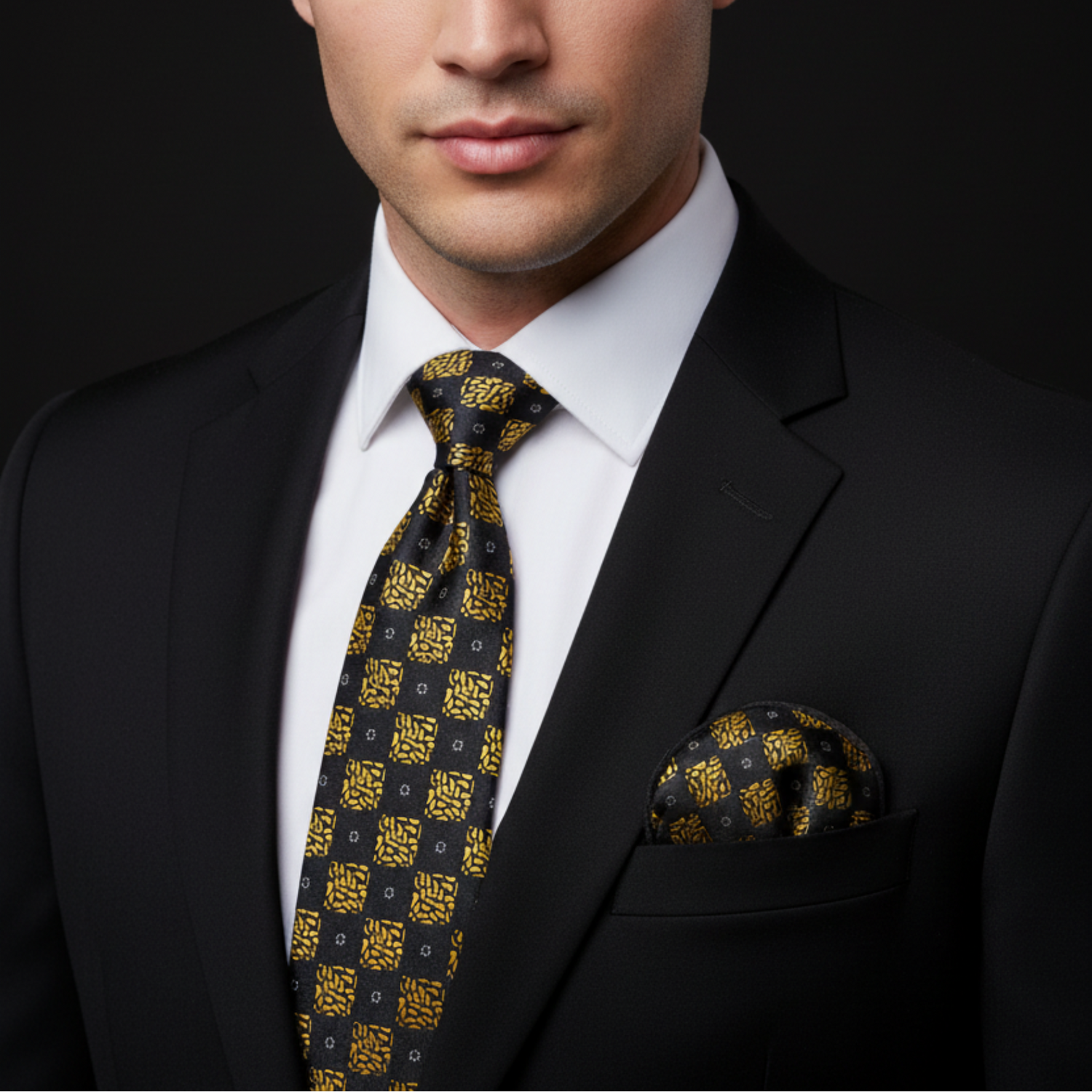 Man wearing a black suit with a patterned tie and pocket square on a dark background