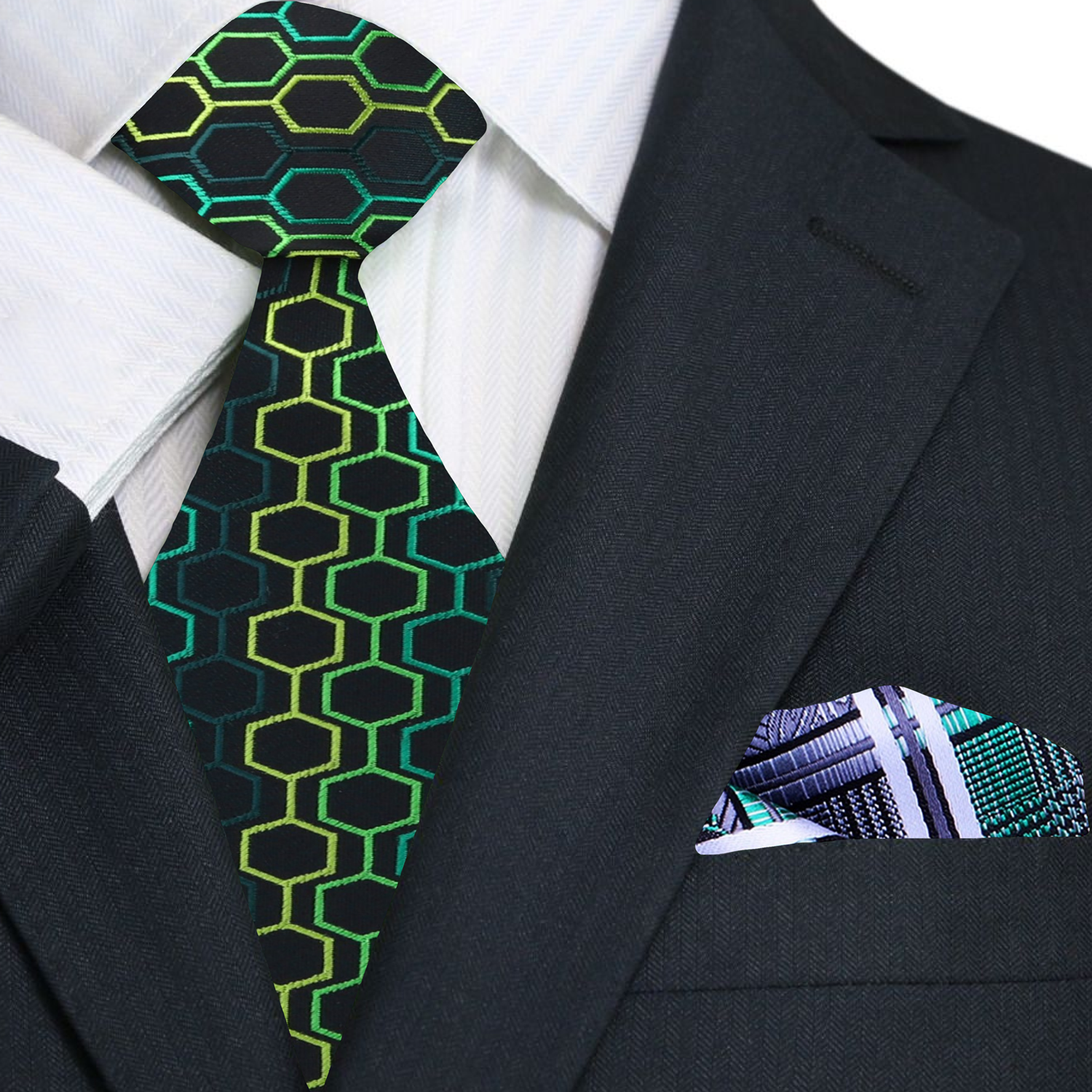 Black and Green Honeycomb Geometric Necktie and Accenting square