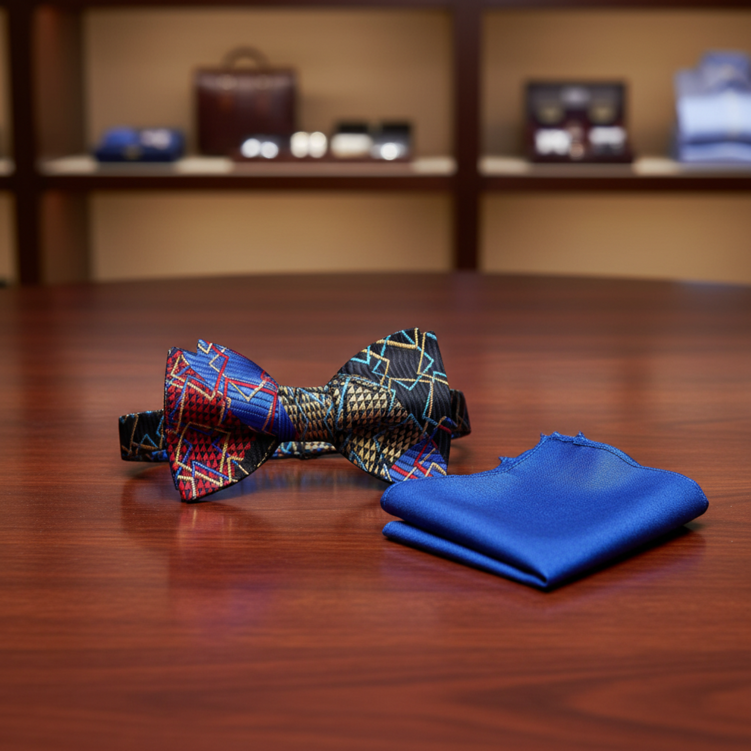 A Black, Gold and Red Geometric Bow Tie and Blue Pocket Square