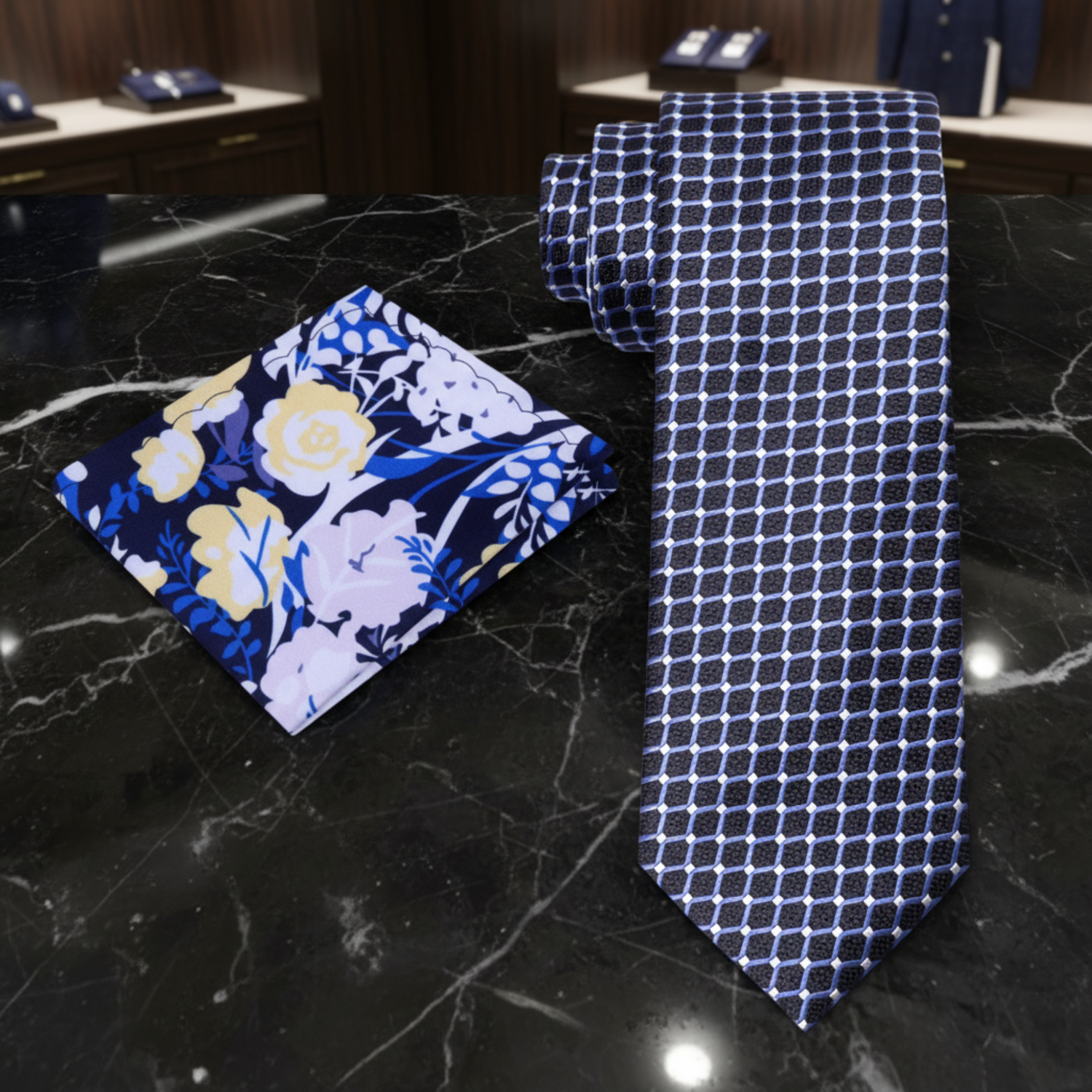 Alt Blackened Blue Blue White Interlock Necktie and Accenting Floral Square