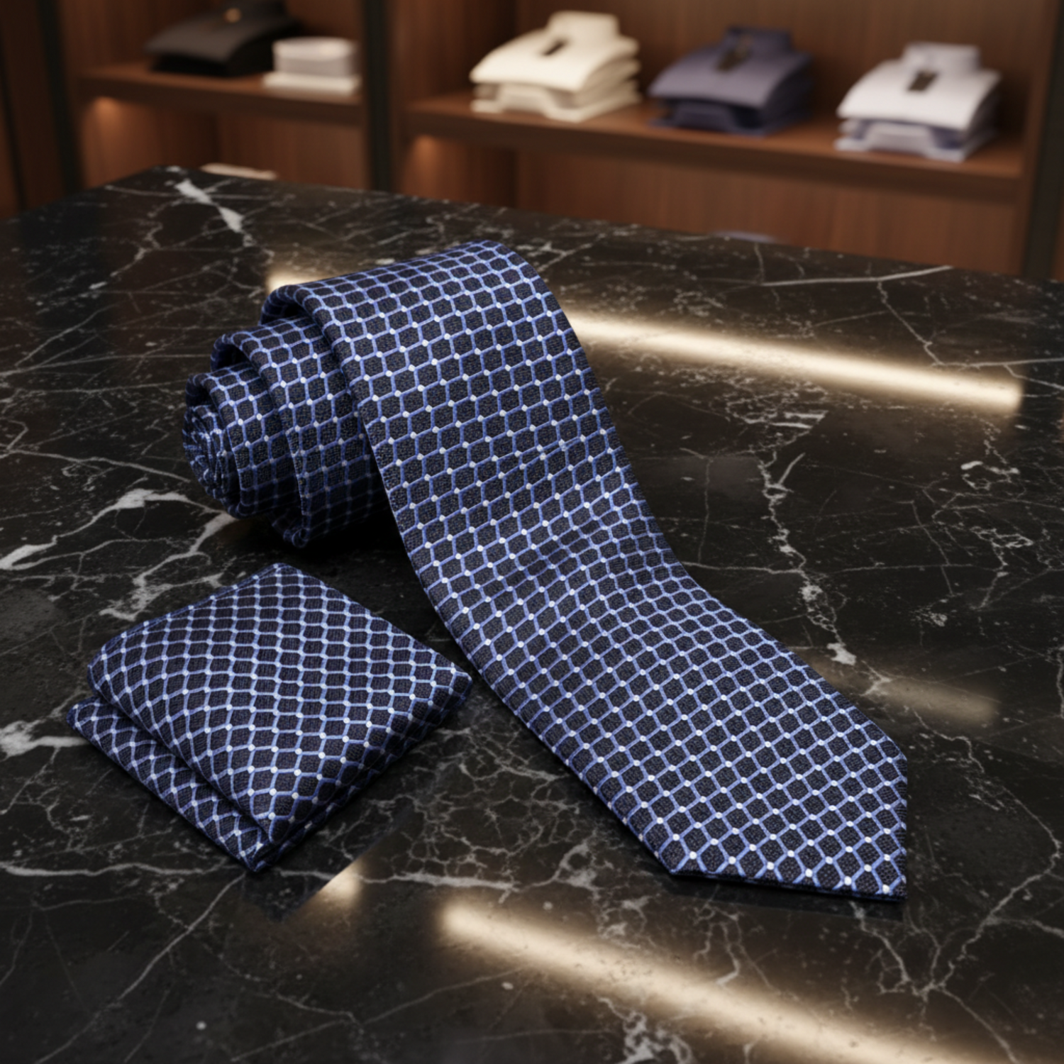 Alt View: Blackened Blue Blue White Interlock Necktie and Matching Square 