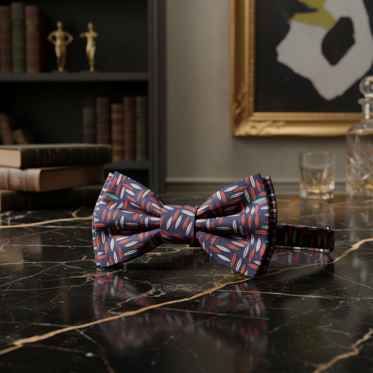 Blackened Blue, Red, Beige Rice pre Tied Bow Tie 
