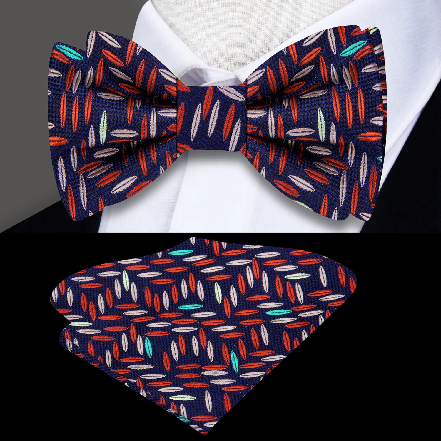 Blackened Blue, Reddish Orange Rice bow Tie and Matching Square