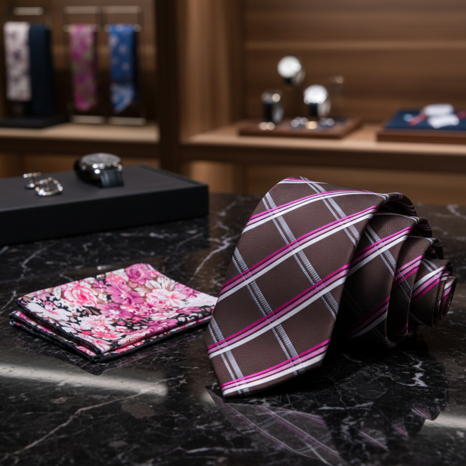 Alt Blackened Brown, Pink and white Plaid Necktie and Accenting Floral Square