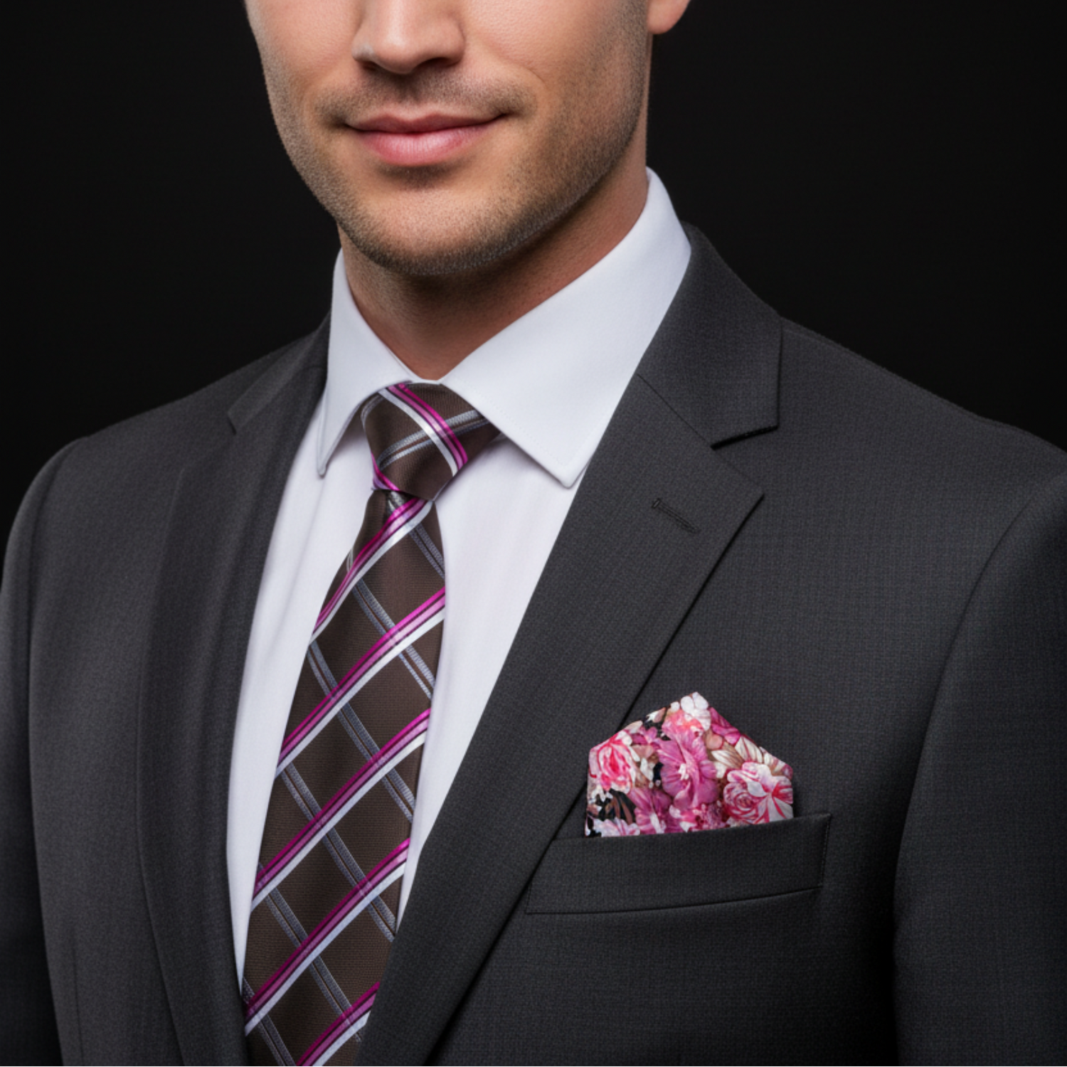 man wearing brown and pink stripe plaid tie and accenting square