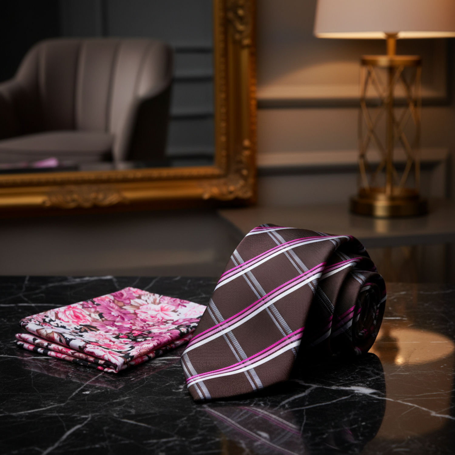 alt: Brown, Pink Plaid Necktie & Accenting Square