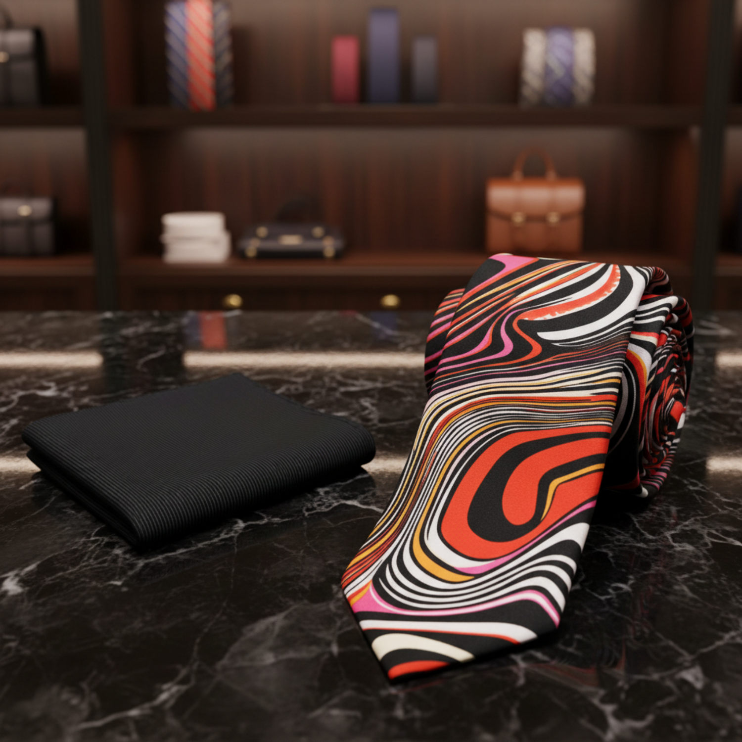 A men's necktie and matching pocket square set on a plain white background. The pocket square is solid black, while the necktie features a bold, multicolored abstract swirl pattern with black, white, orange, pink, and yellow.