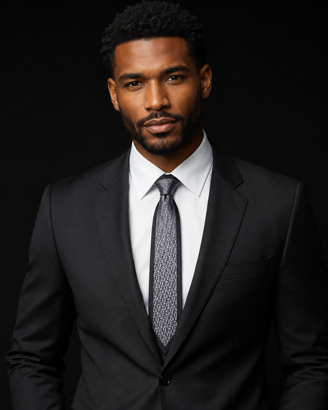 A man wearing a black suit, white dress shirt, and a textured gray patterned tie, photographed against a solid black background.