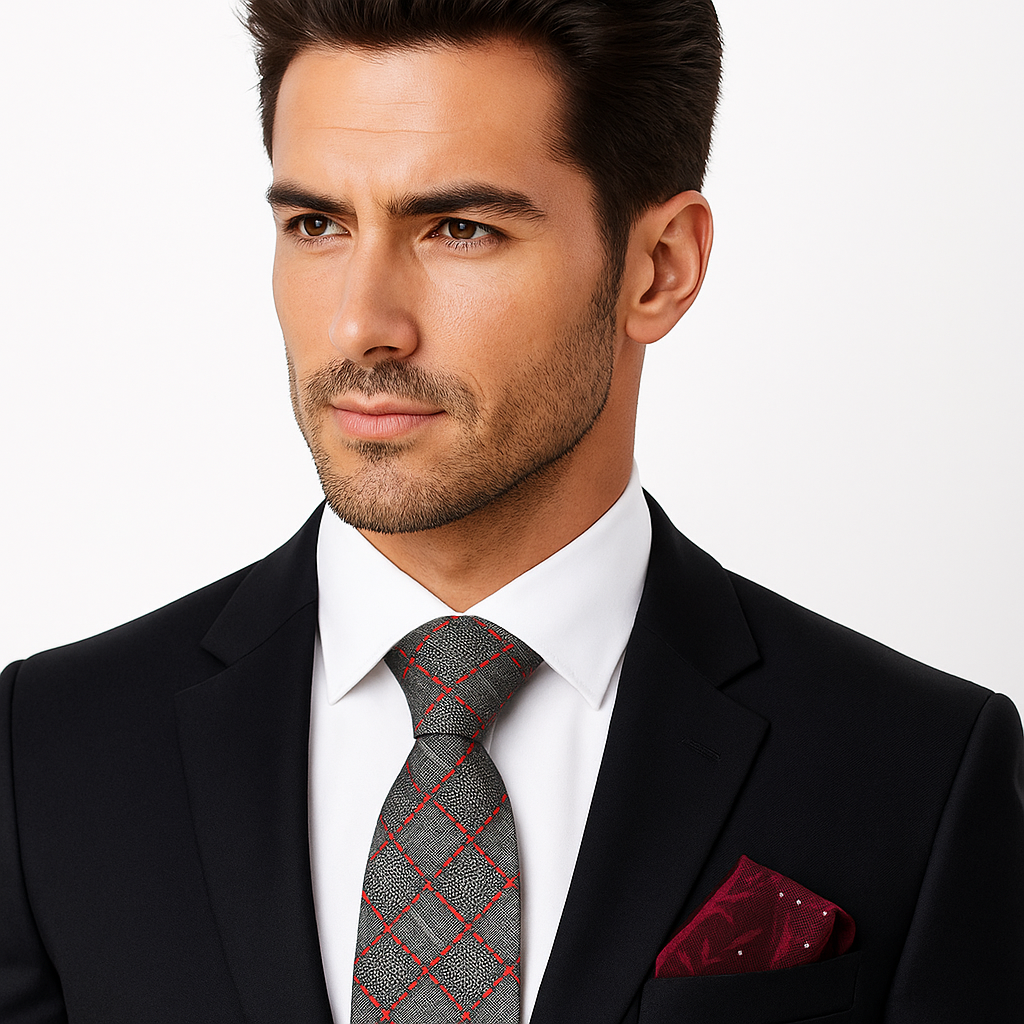 Man wearing a black suit with a white shirt, gray patterned tie, and red pocket square on a white background