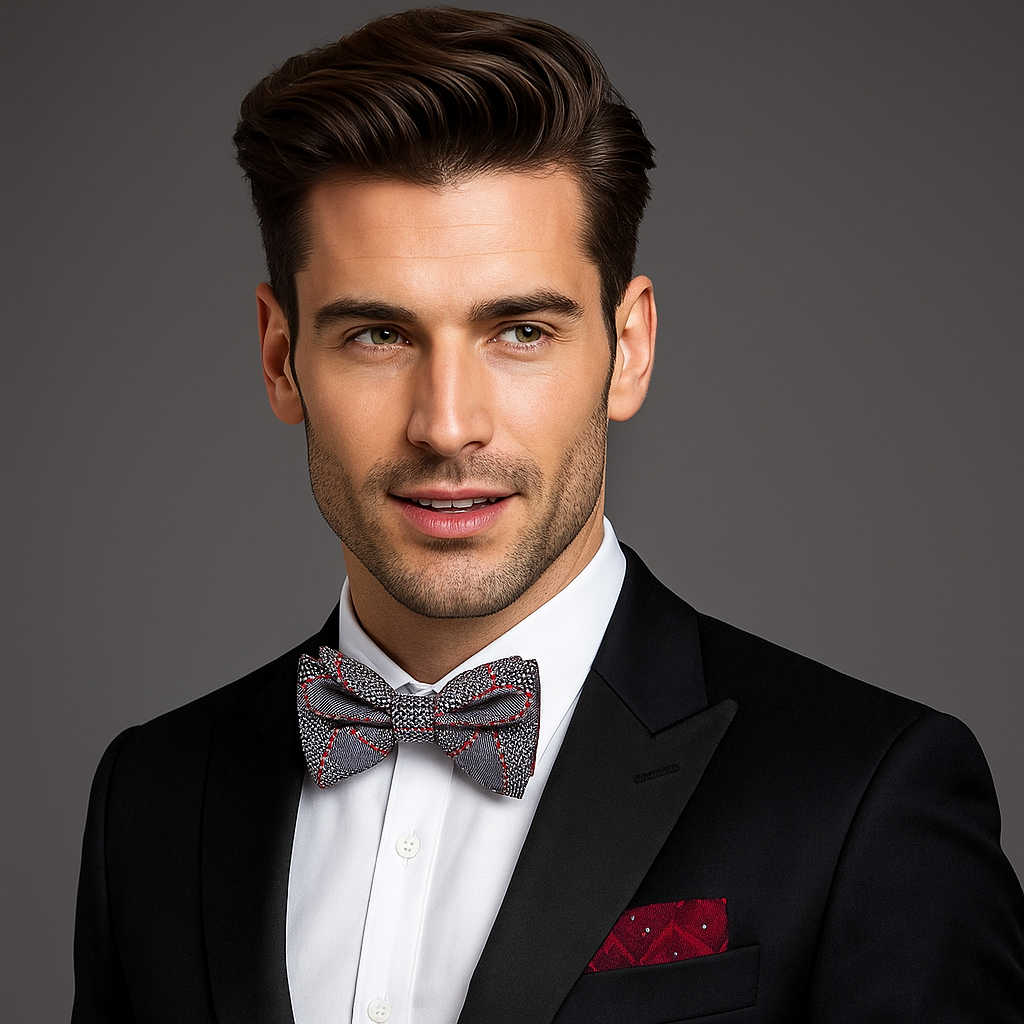 Man wearing a black suit with a bow tie and pocket square on a gray background