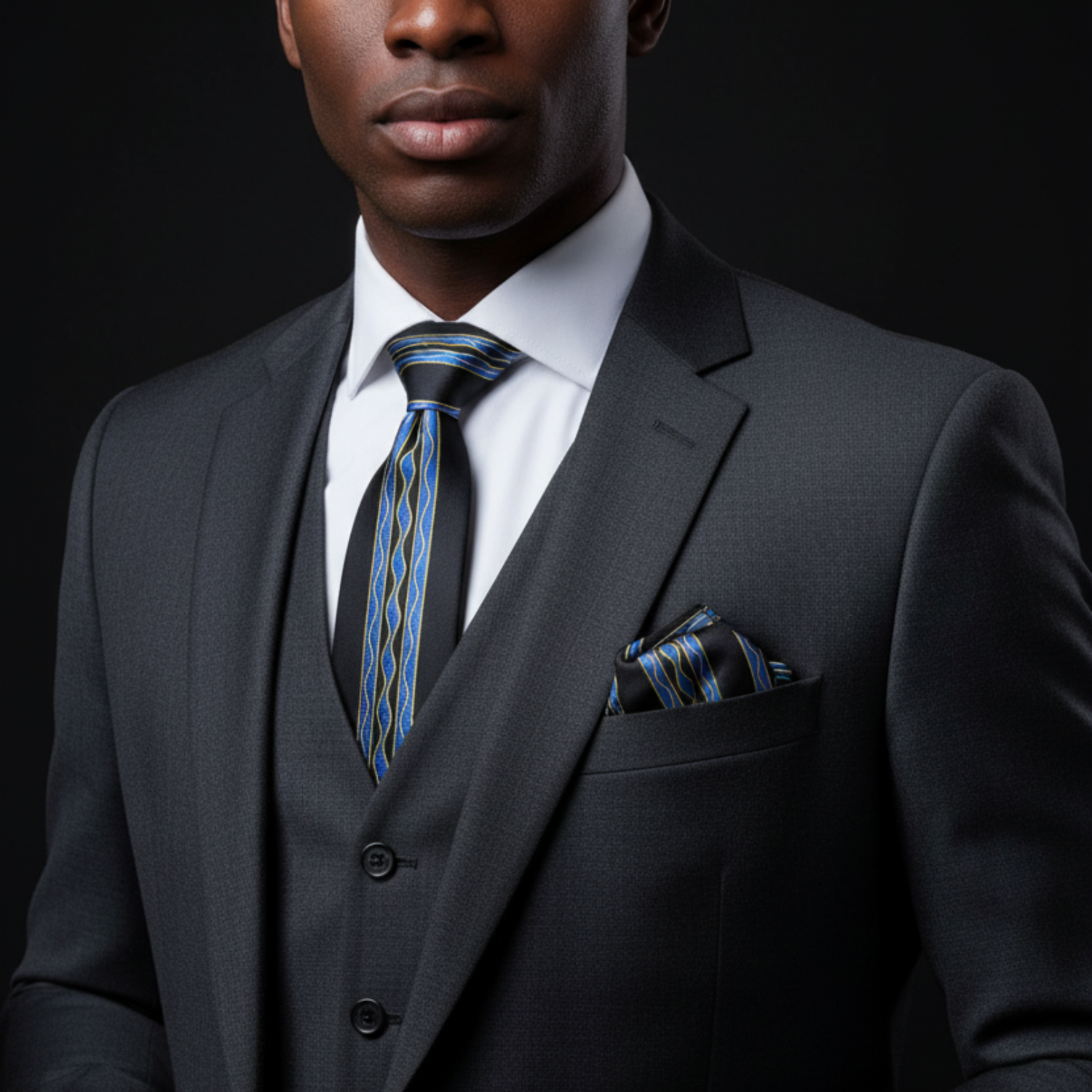 Man wearing a dark suit with a blue tie and pocket square against a black background