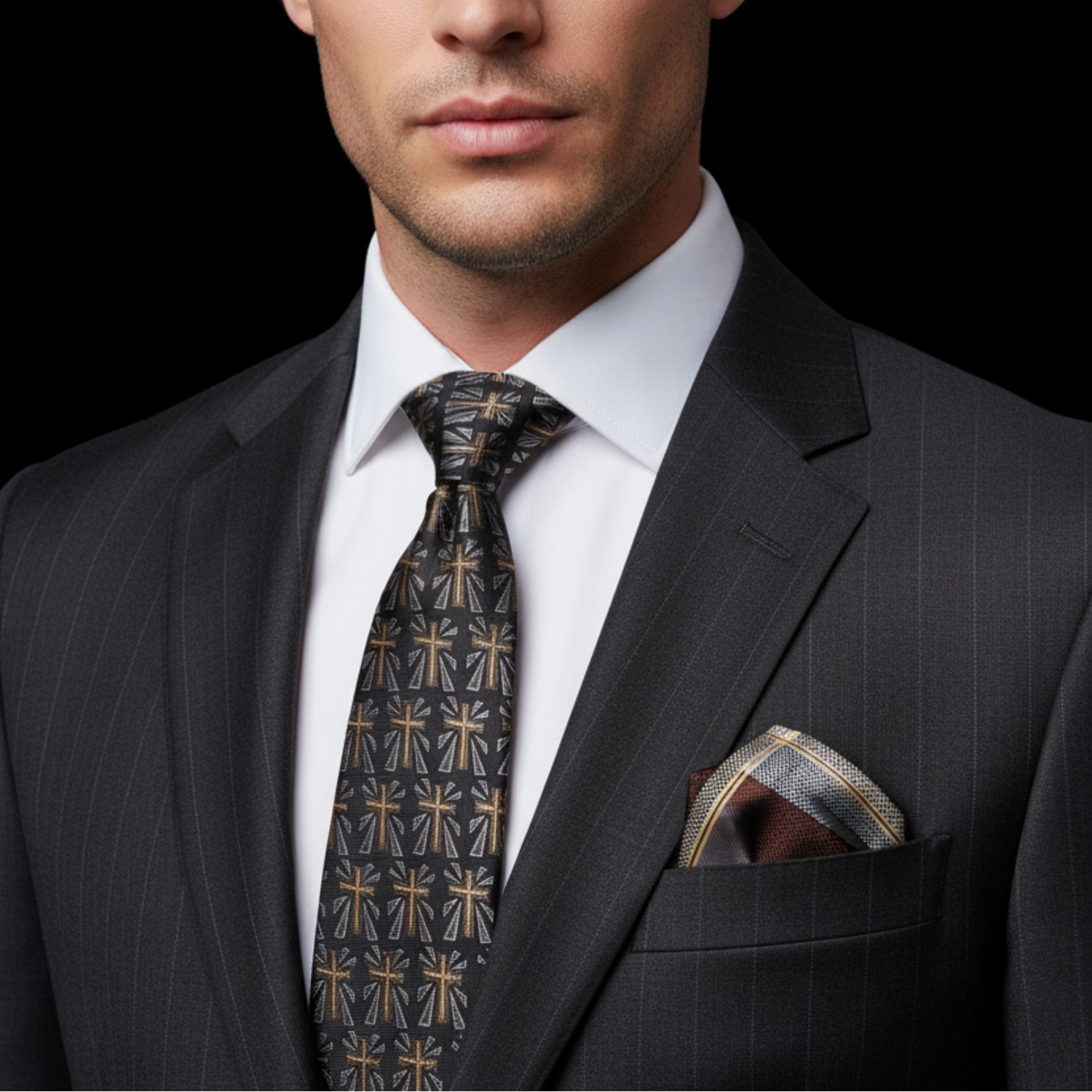 Man wearing a dark pinstripe suit with a patterned tie and pocket square on a black background