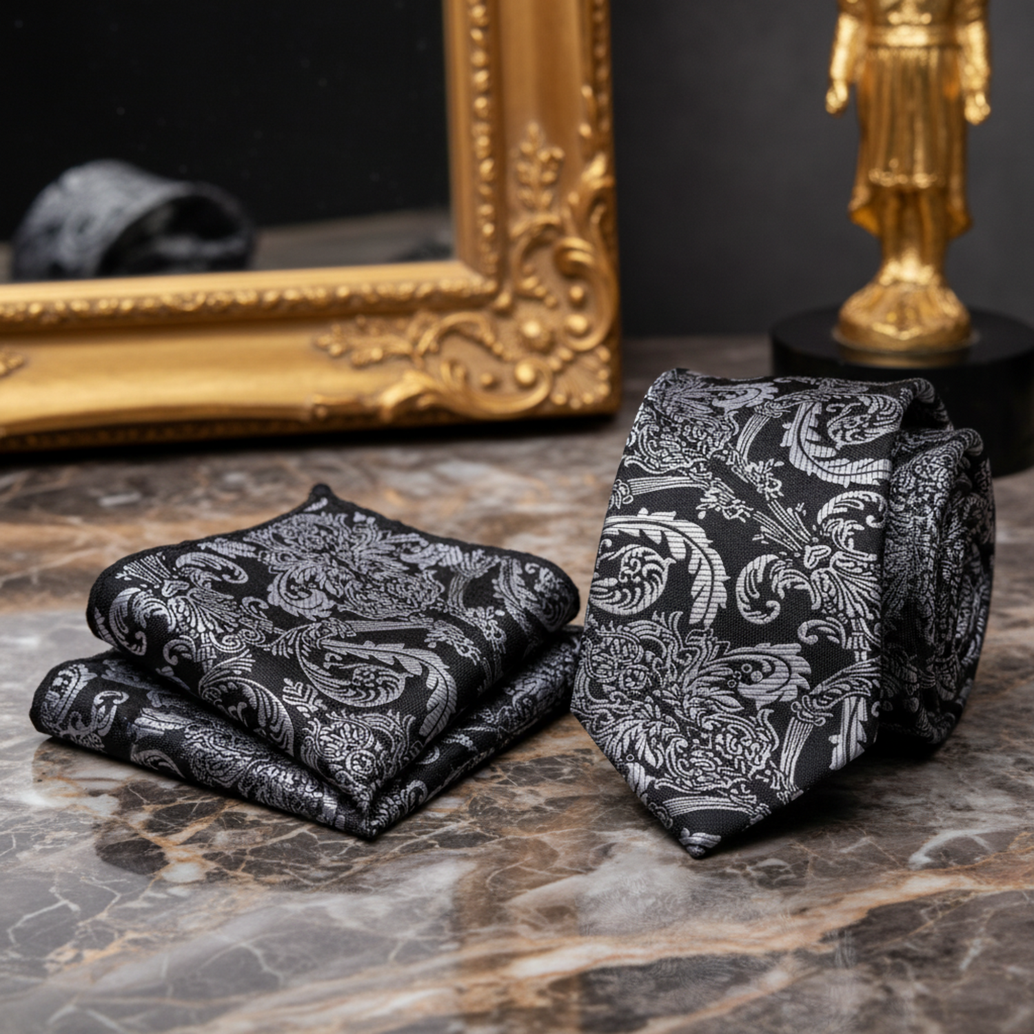 Black, Grey Floral Necktie and Square