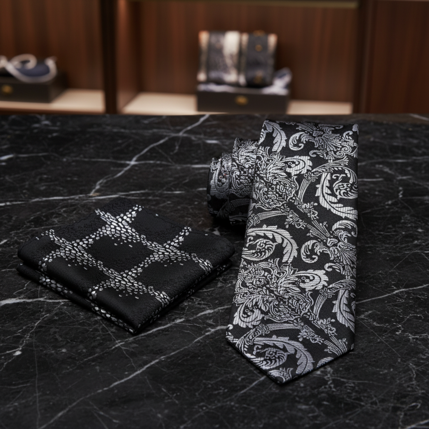 Alt View: Black, Grey Floral Necktie and Accenting Square