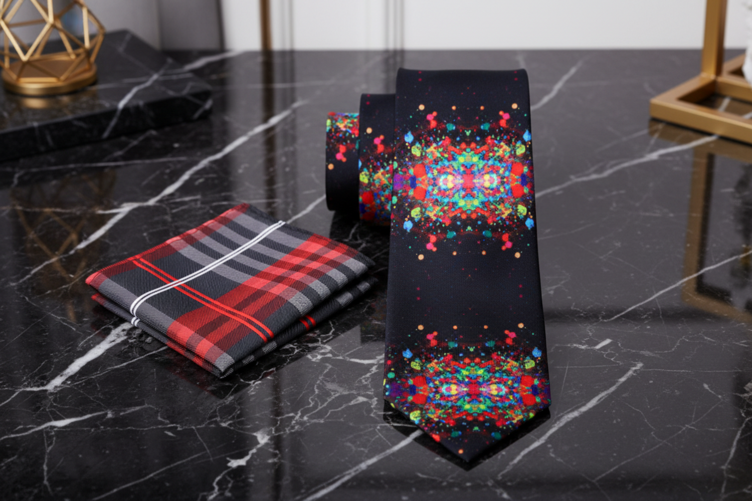 Alt Black, Multi Color Ink Dots Necktie and Accenting Pocket Square