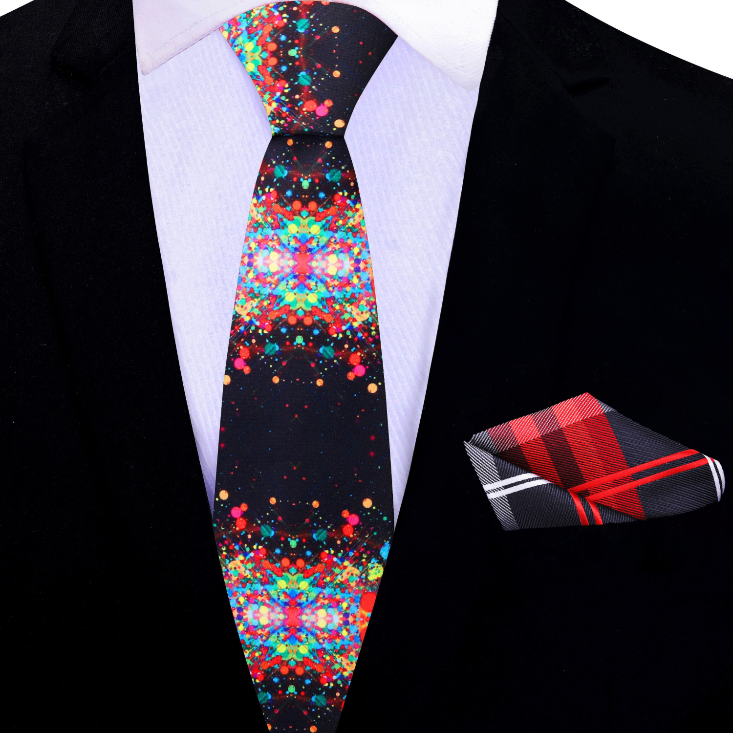 Thin Black, Multi Color Ink Dots Silk Necktie and Accenting Pocket Square