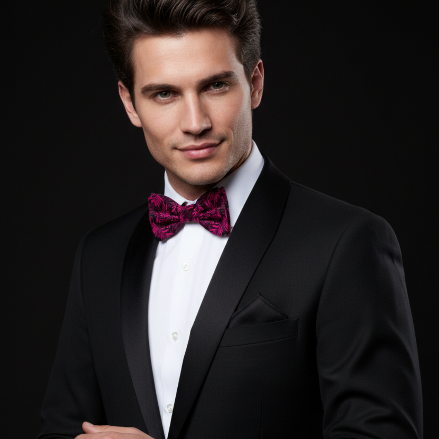 Man wearing a black tuxedo with a red bow tie on a black background