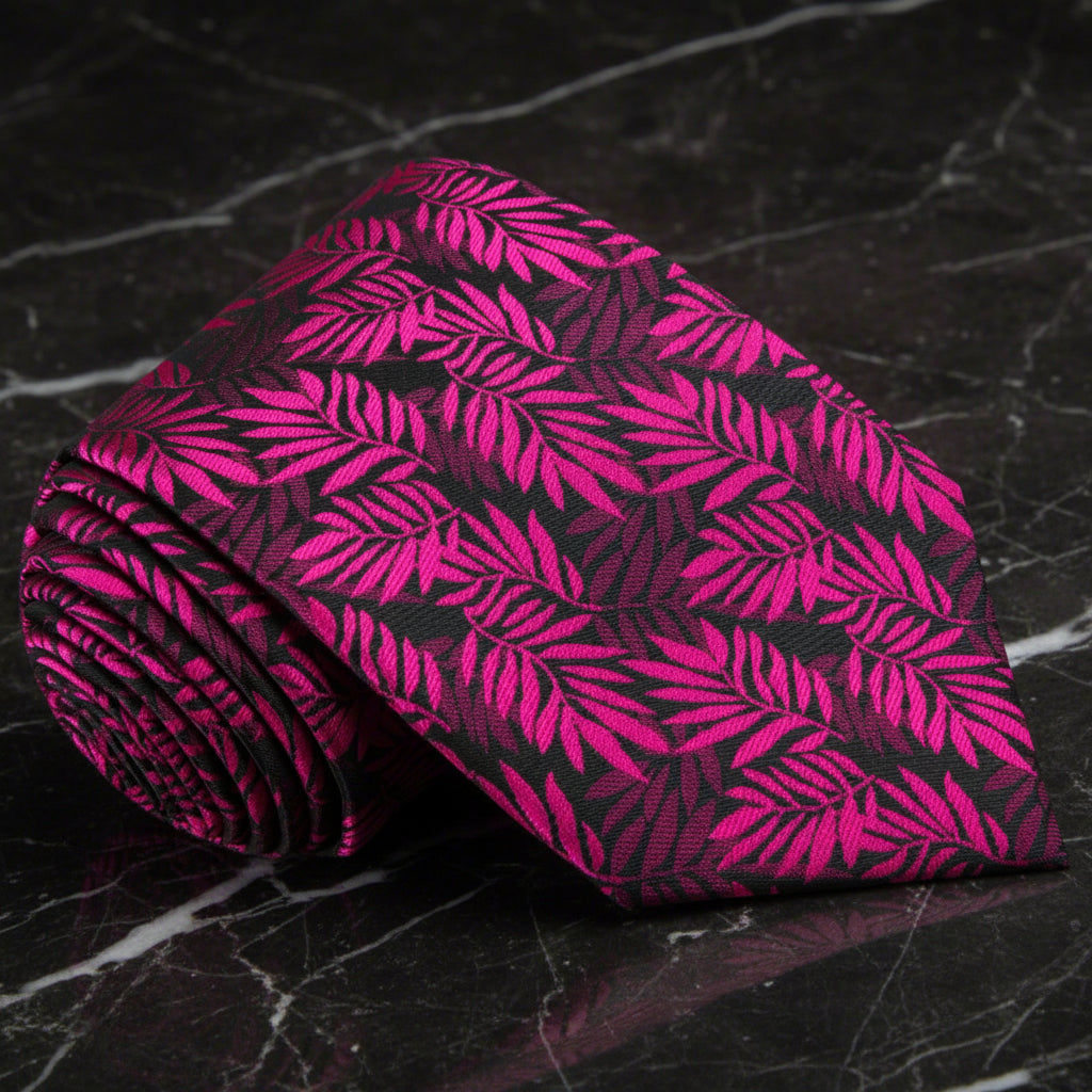 Black with Reddish Pink Leaves Necktie 