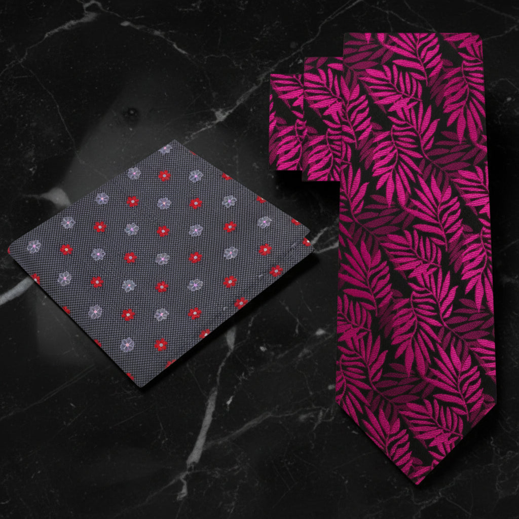 Alt View: Black with Reddish Pink Leaves Necktie and Grey, Red and Pink Small Flowers Square