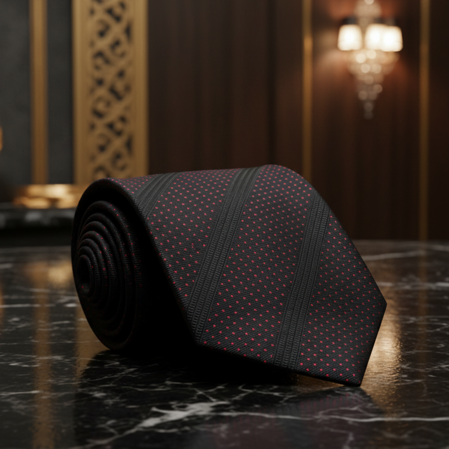 Tie Rolled Up: Black with Black Stripes Red Dots Necktie