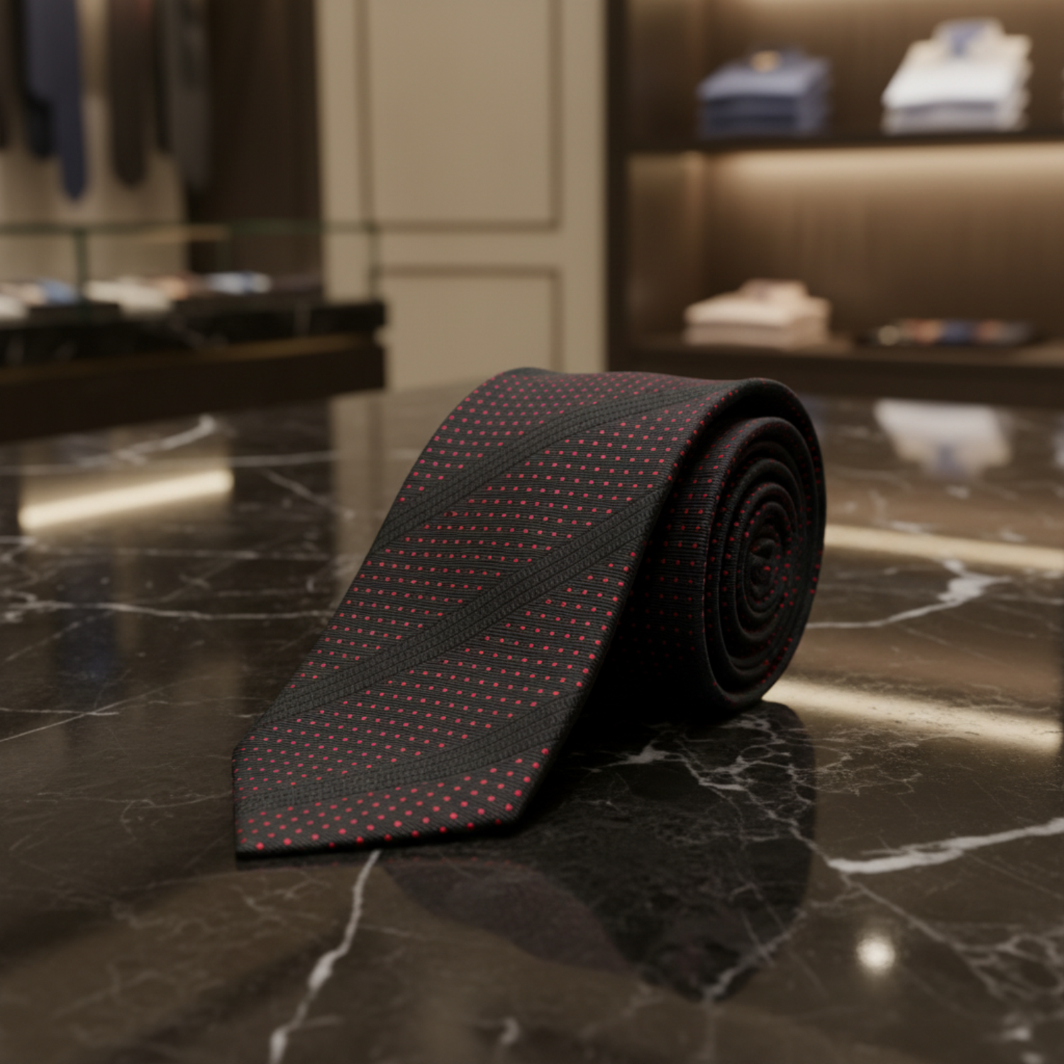 Alt View: Black with Black Stripes Red Dots Necktie